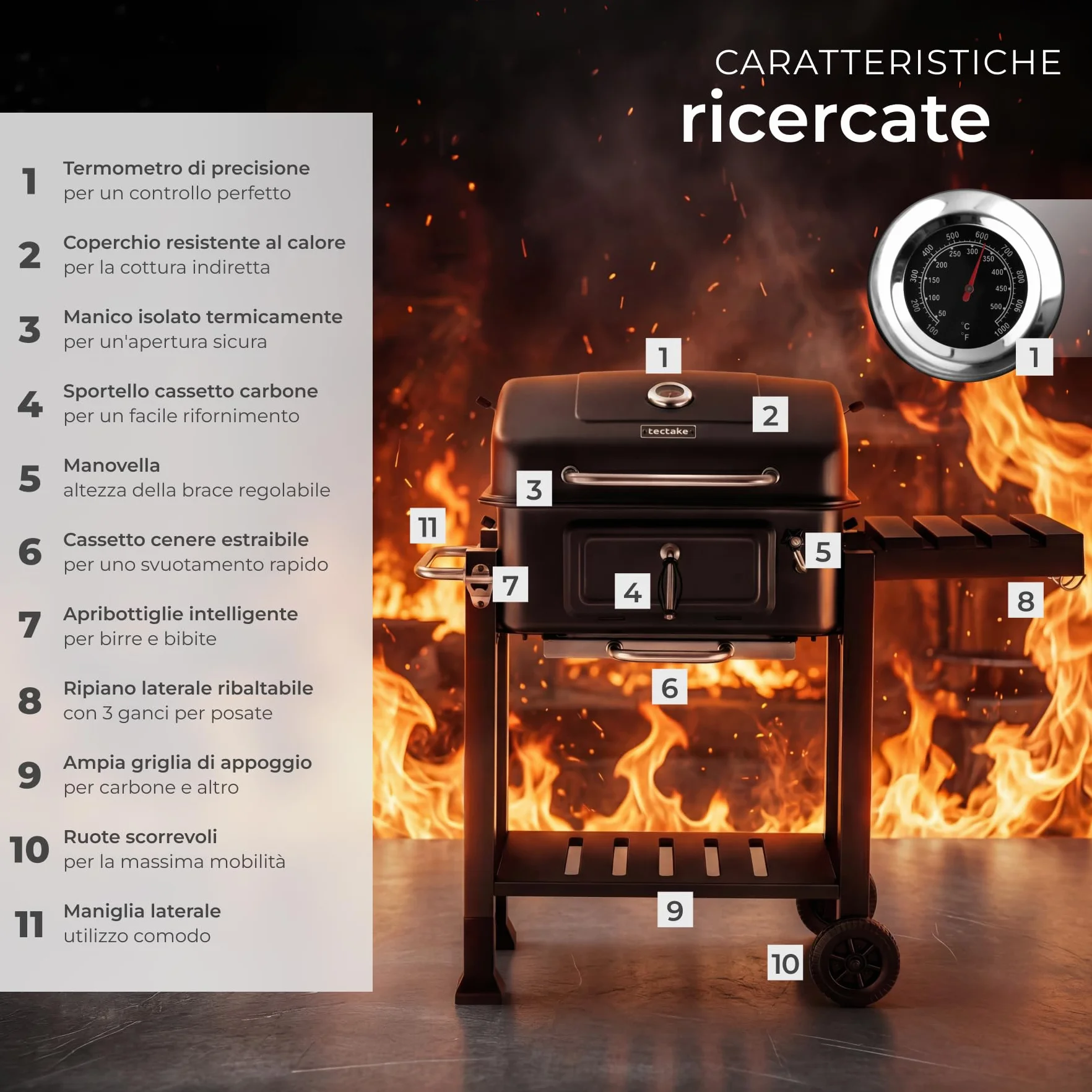 Tectake Barbecue Carbonella Portatile 110x64x104 cm Griglia Acciaio 3 Ganci 2 Ruote Cassetto Carbone Termometro Coperchio Nero