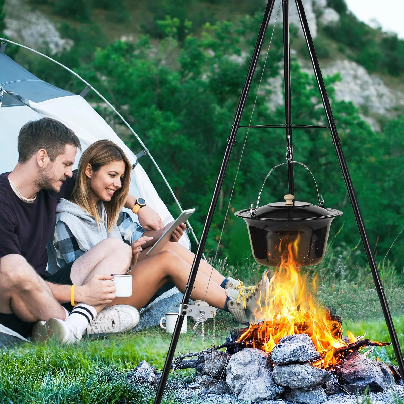 TLSUNNY Bollitore per Gulasch Ungherese Originale 10 L, Telaio per Treppiede con Regolazione, Set di Pentole per Gulasch, Pentola per Gulasch Smaltata, Treppiede Telescopico con Picchetti per Picnic