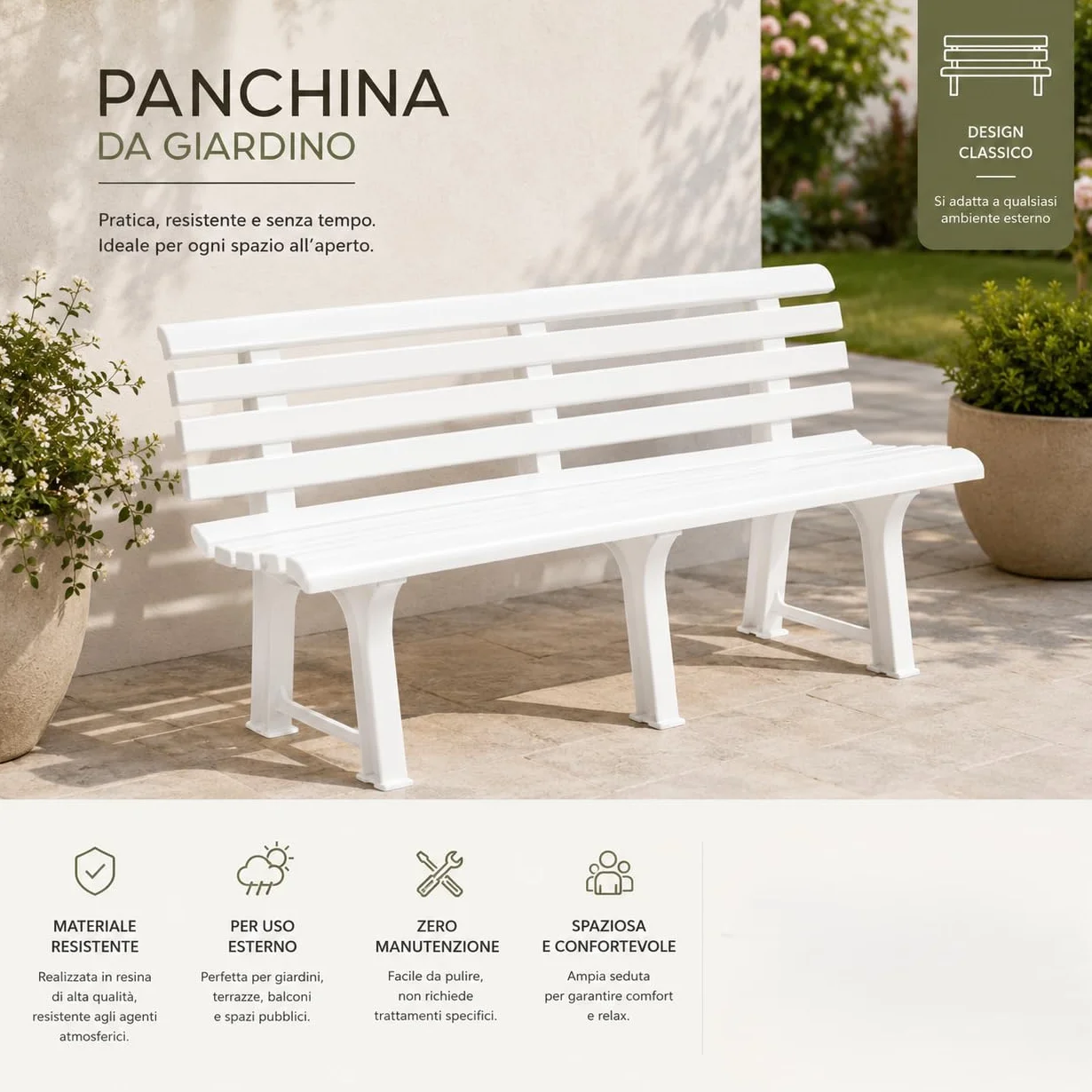 Panchina da Giardino in Resina 145X49X74h CM - da Esterno, Resistente, 3 posti, Balcone, Terrazzo, Locali, Schienale, con Poggioli, Facile da Pulire - Colore Bianco