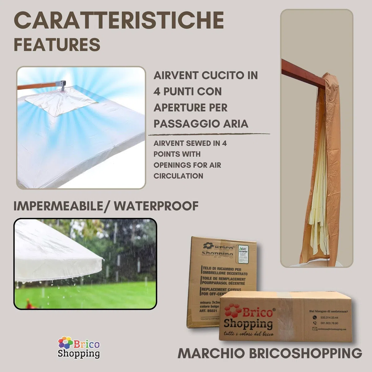 BricoShopping® Telo Ricambio Ombrellone Decentrato 3x4 m Impermeabile 250 gr/mq con Airvent, Copertura 280x380 cm con Tasche per Ombrellone a Braccio 8 Stecche in Legno