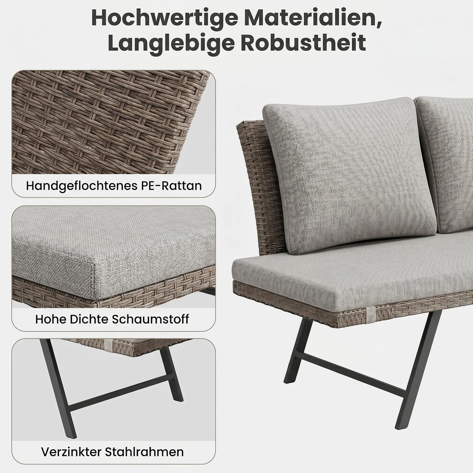 Fiutazge Divano Esterno in Polyrattan con Braccioli Regolabili,Divano Letto Convertibile 2 Posti con Cuscini Morbidi,Panchina da Esterno per Giardino, Balcone, Terrazzo e Portico-Beige