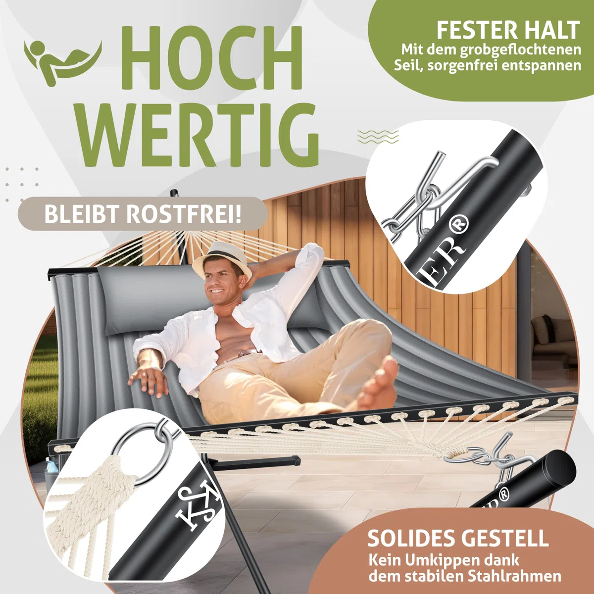 KESSER® Amaca con telaio e cuscino, Amaca doppia per 2 Persone, Portata 200 kg, Interno ed esterno, XXL, Sedia sospesa, Giardino, Piscina, Balcone, Terrazza - Grigio