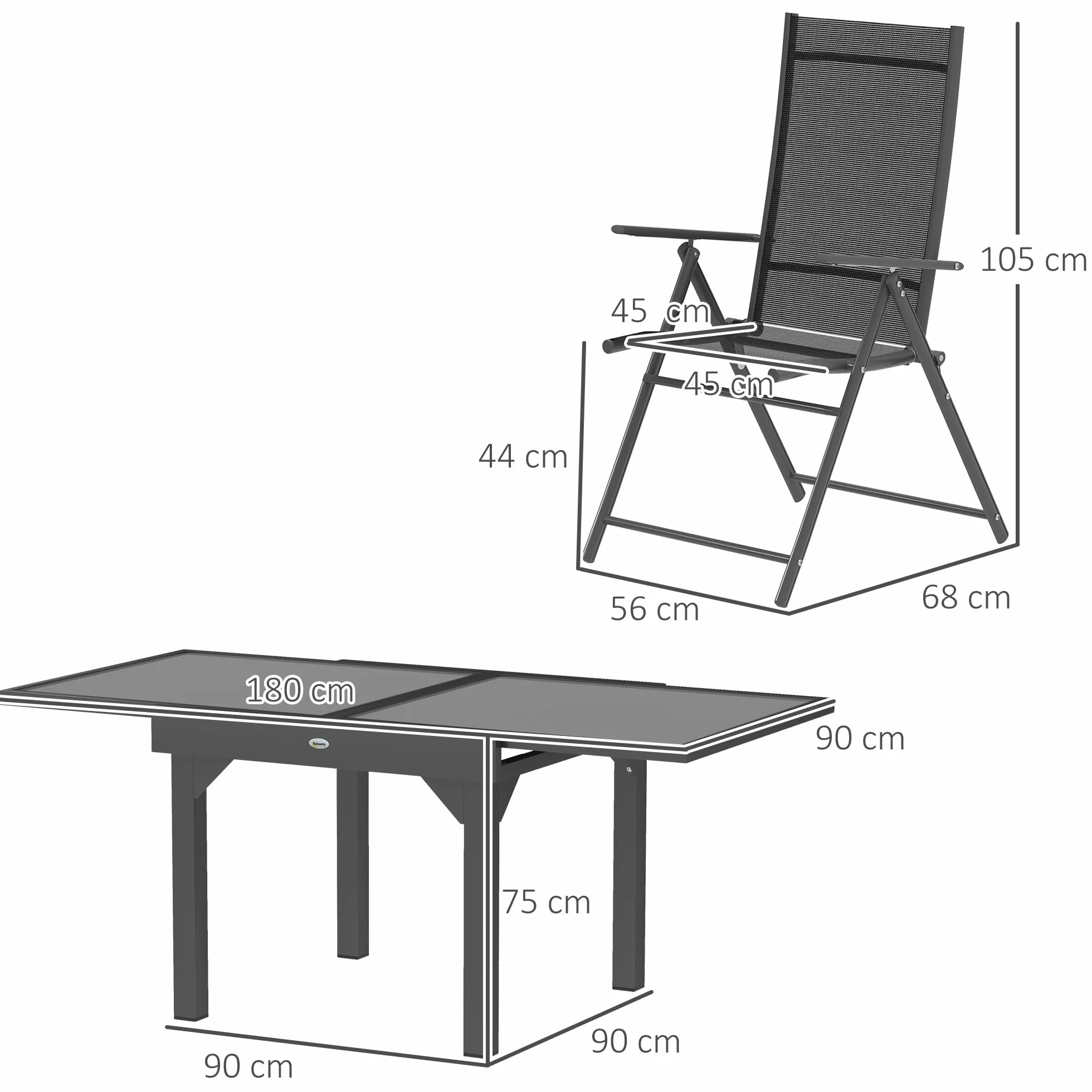 Outsunny Set Tavolo e Sedie da Esterno 7 Pezzi, Tavolo Allungabile con Piano in Vetro, 6 Sedie Pieghevoli con Braccioli, Acciaio e Textilene, Grigio