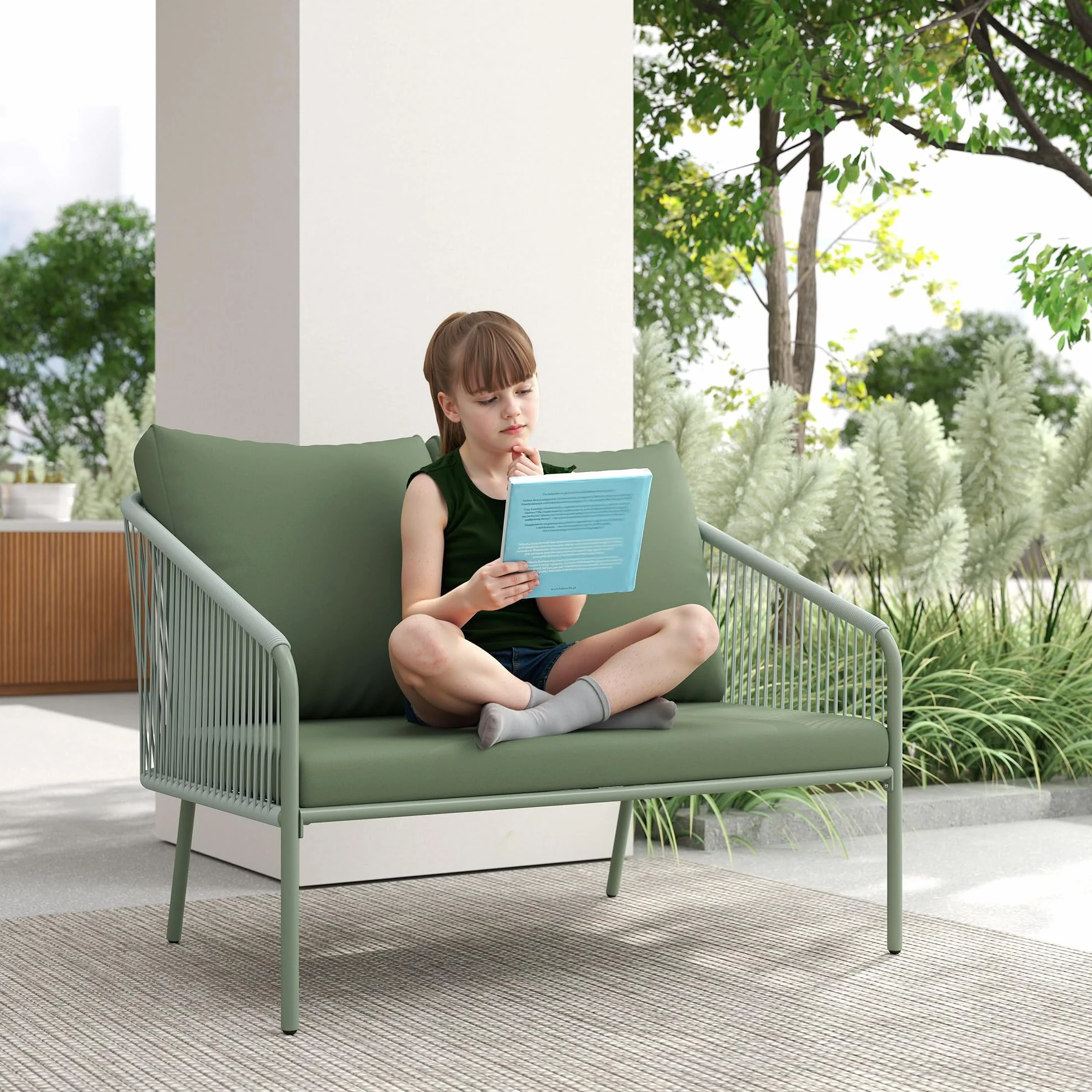 Outsunny Divano da Giardino 2 Posti in Rattan PE, Divanetto da Esterno in Stile Boho con Cuscini Sfoderabili, Braccioli e Telaio in Acciaio, Divano da Esterno, per Terrazza e Cortile, Verde