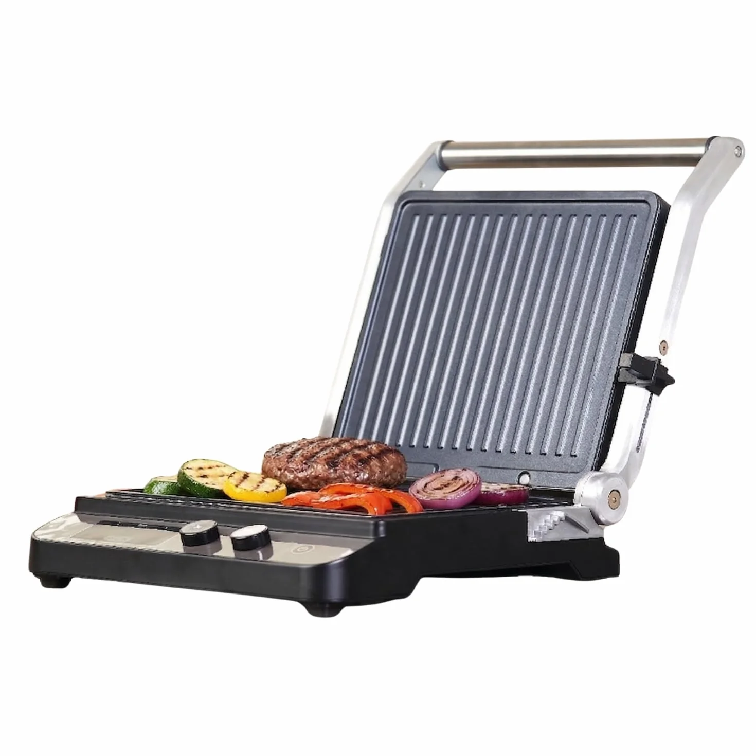 BLACK+DECKER Griglia elettrica 2000W 2 in 1 piastre lisce e grill antiaderente apertura 180° display LCD