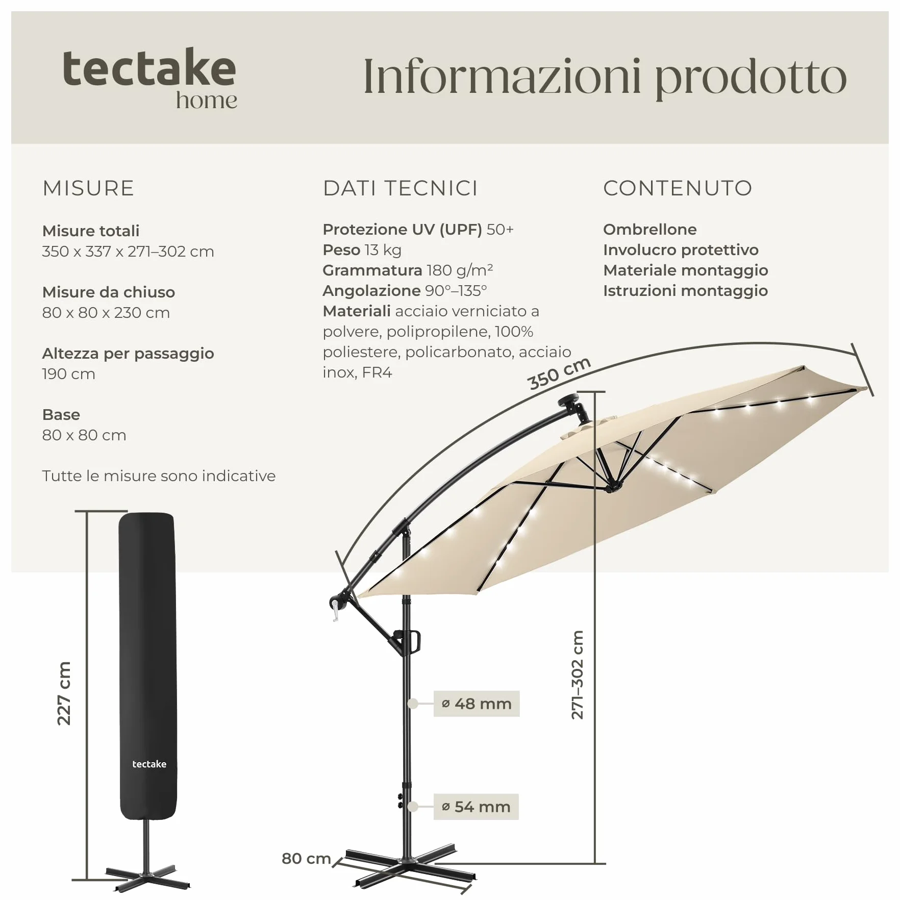 Tectake Ombrellone da Giardino 3,5x3,5 m Braccio Girevole 360° Led Solare Protezione UV 50+
