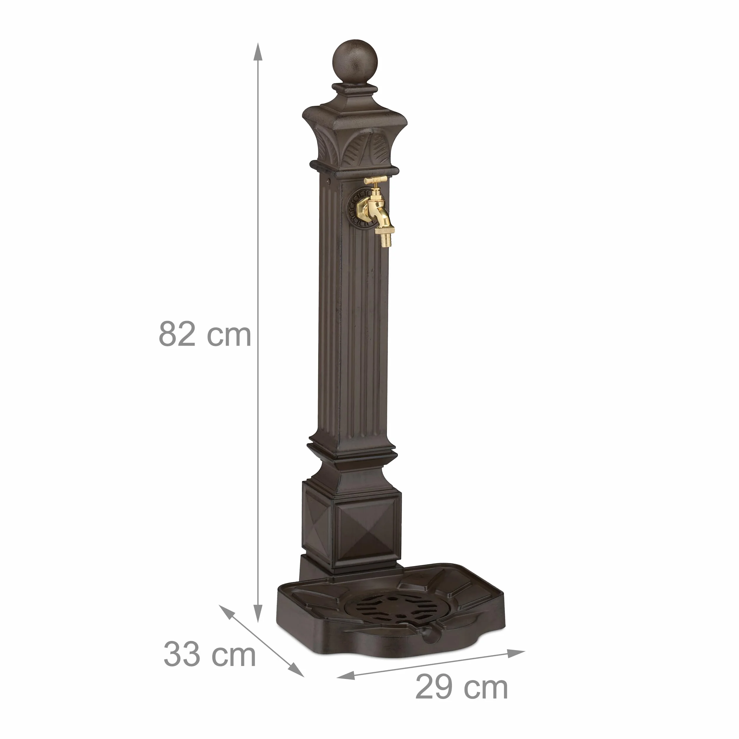 Relaxdays Fontana da Giardino in Stile Antico, Fontanella a Colonna con Rubinetto e Vaschetta, HLP: 82x29x33 cm, Marrone