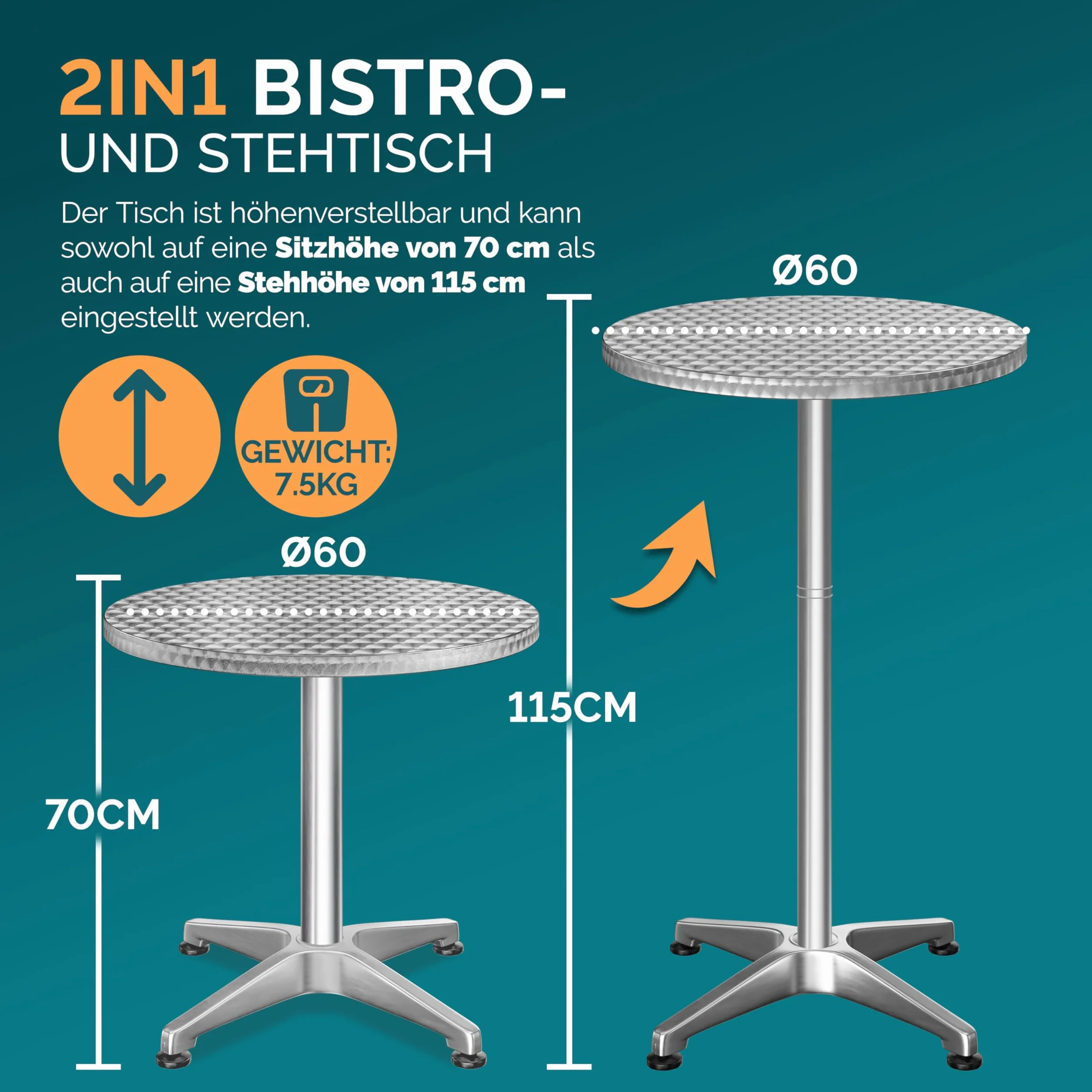 Casaria® Tavolo Alto da Bar 2in1 con Copritavolo Regolabile 70 cm / 115 cm in Alluminio Rotondo Ø60cm Resistente per Giardino Bistro Tavoli da Birreria Feste Ricevimento