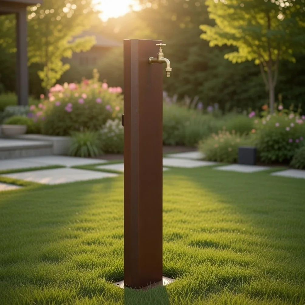 Fontana da Giardino Design a Colonna Ovale Rubinetto in Ottone Senza Base Corten