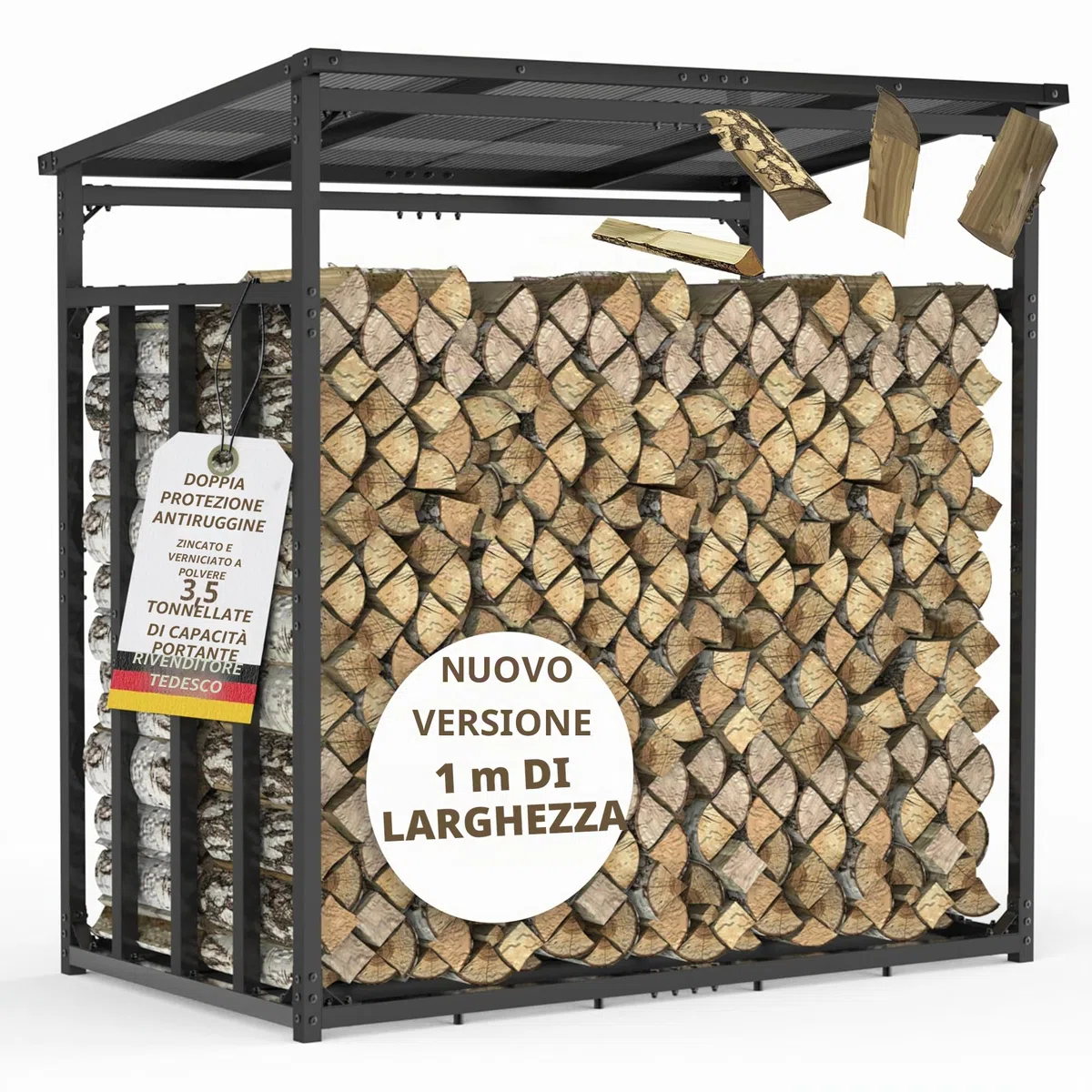LAWA portalegna da esterno metallo zincato 185x105x185 cm 4x4cm portata 3,5t con tetto rastrelliera per legna