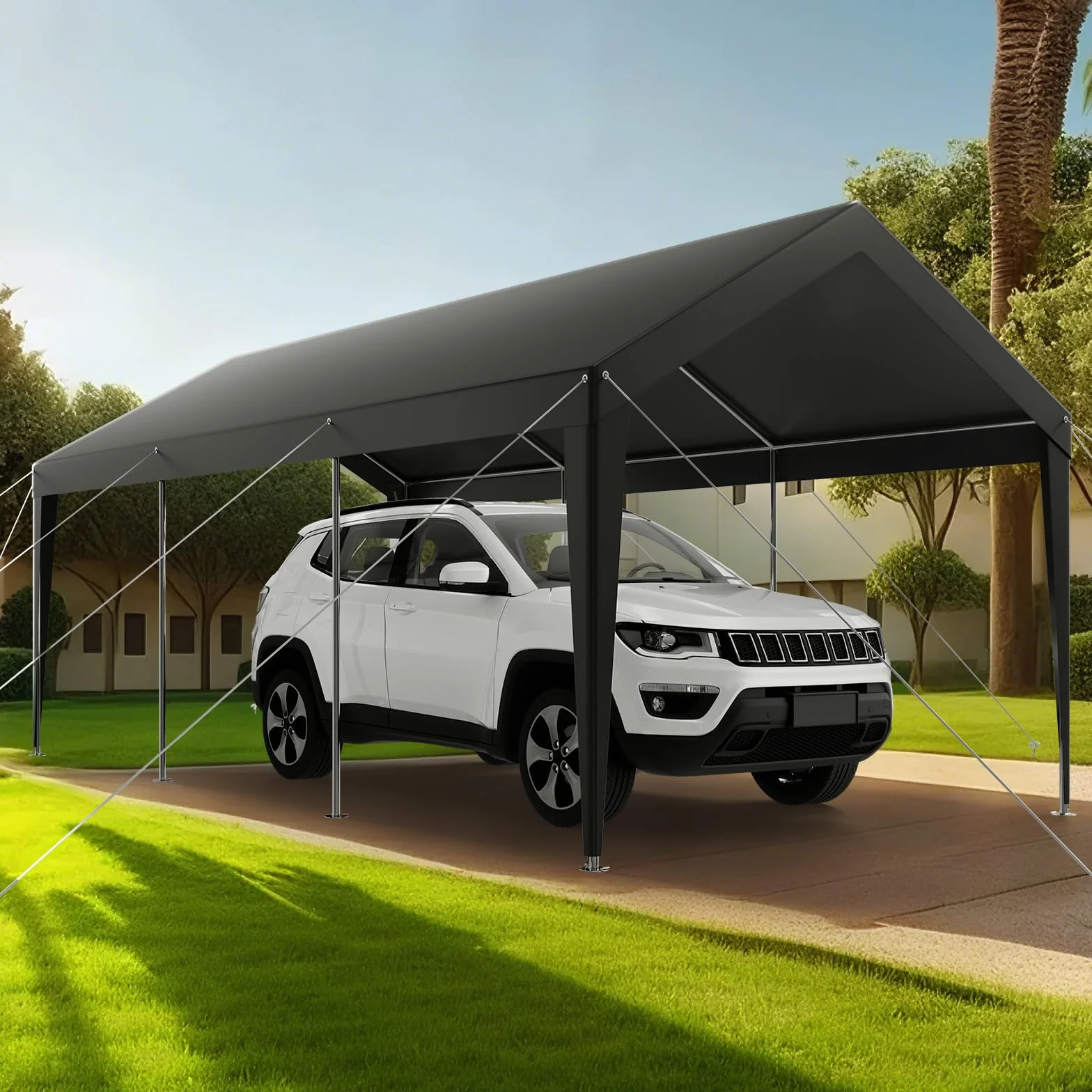 VEVOR Posto Auto Coperto Esterno, Riparo per Auto 3,05 x 6,09 x 2,87 m, Tettoia Potabile con Pareti Laterali e Porta Rimovibili, Resistente ai Raggi UV e all'Acqua, per Auto e Barca, Grigio