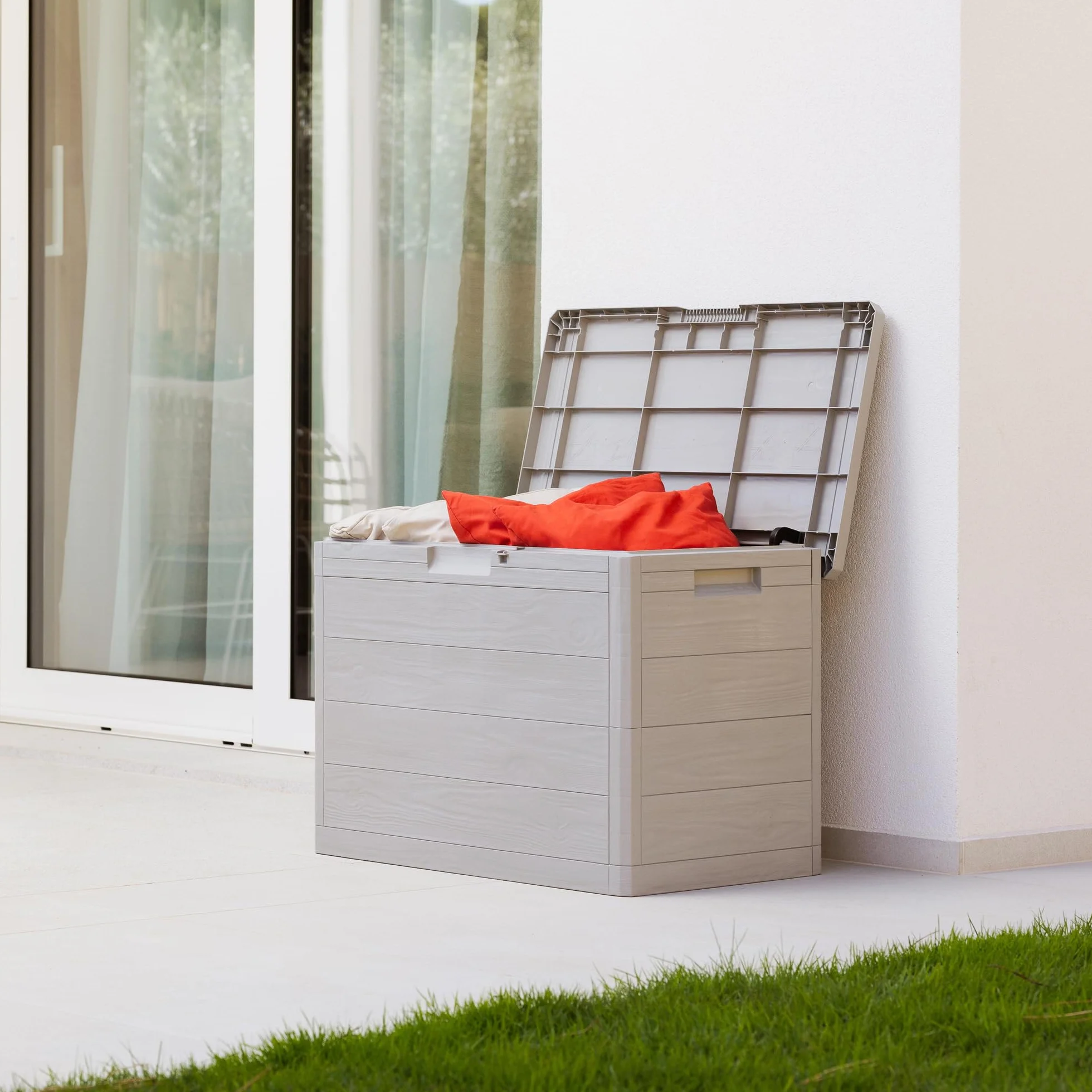 Toomax Multibox Woody's 160L portattrezzi 77,5x44,5x52,7h effetto legno grigio tortora plastica resistente UV foro lucchetto esterni