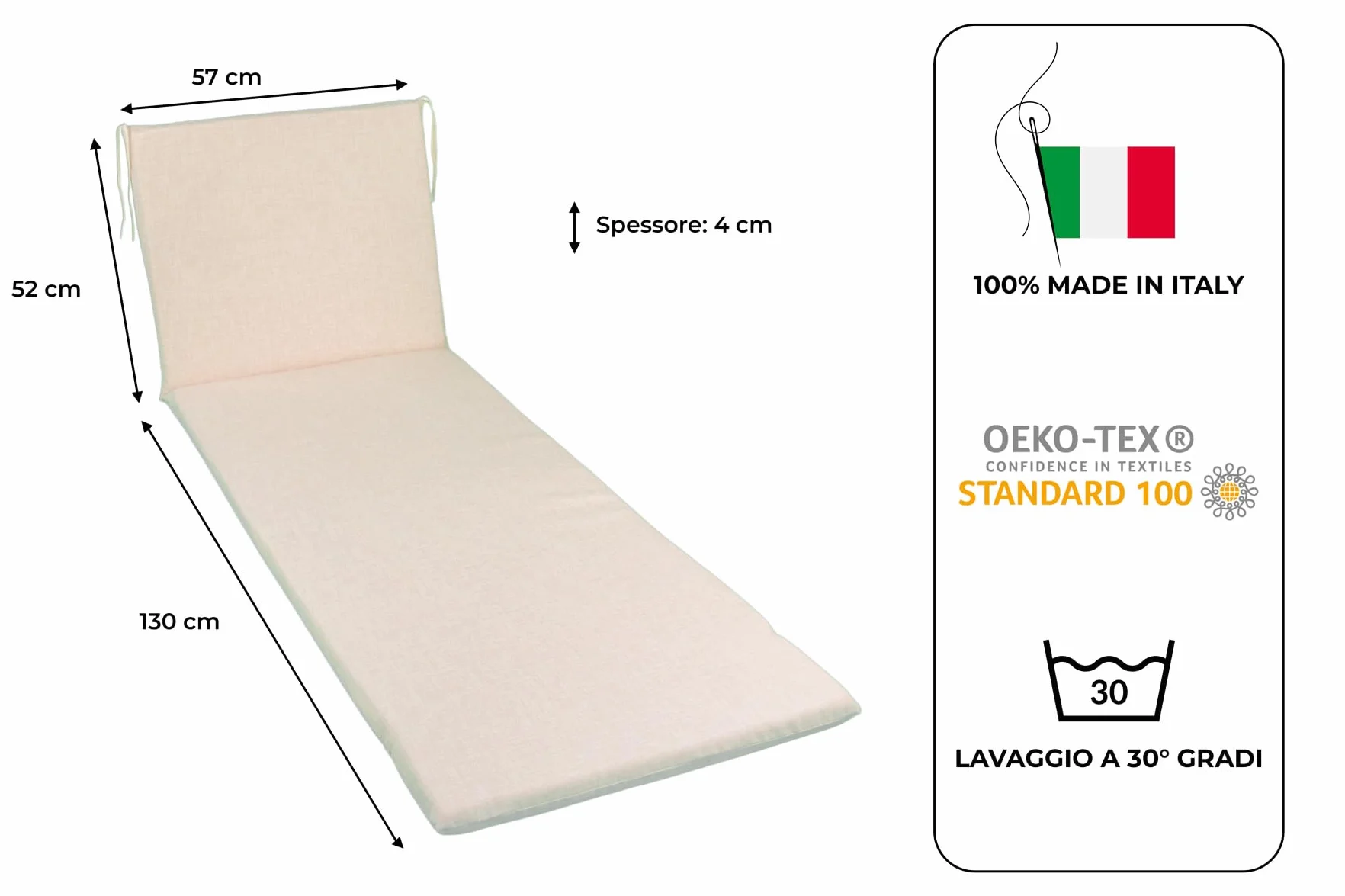 GHIOCUSCINI | Cuscino per Lettino Mare, Colore ECRU' in Tessuto Cotone/Poliestere, Sfoderabile, 52 + 130 x 57 cm, Alto 4 cm, Made in Italy