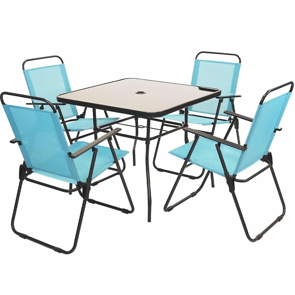 Shally Dogan Set da Pranzo Giardino 6 Pezzi con Ombrellone, 4 Sedie Pieghevoli, Tavolo Vetro Temperato, UV Resistente, Arredamento Esterno