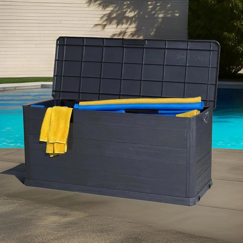 Baule Cassapanca 280 Litri Effetto Legno Contenitore Stoccaggio in Resina Antracite Dimensioni 117x45x56h cm da Esterno Resistente ai Raggi Uv -