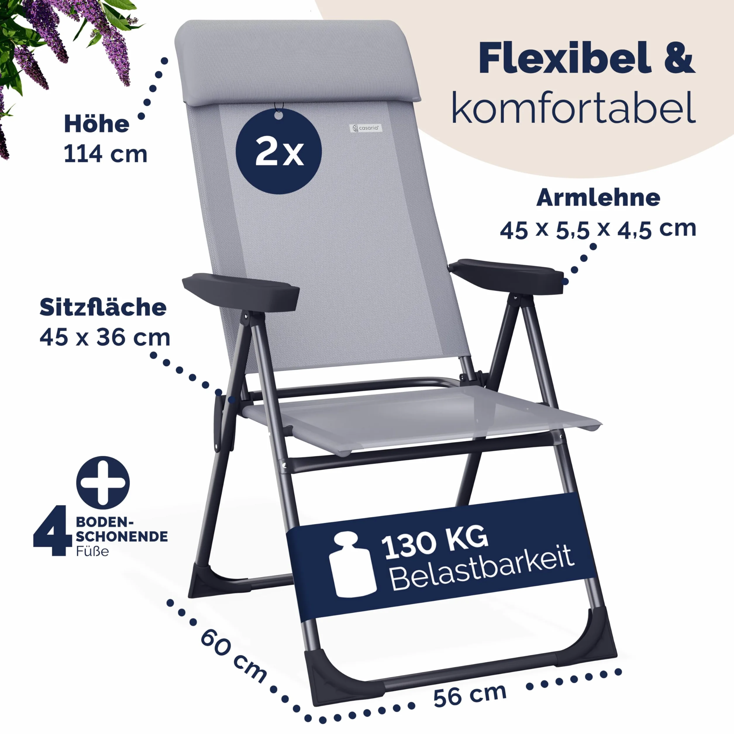 Casaria Set 2 Sedie da Giardino Pieghevoli Regolabili 7 Posizioni Alluminio
