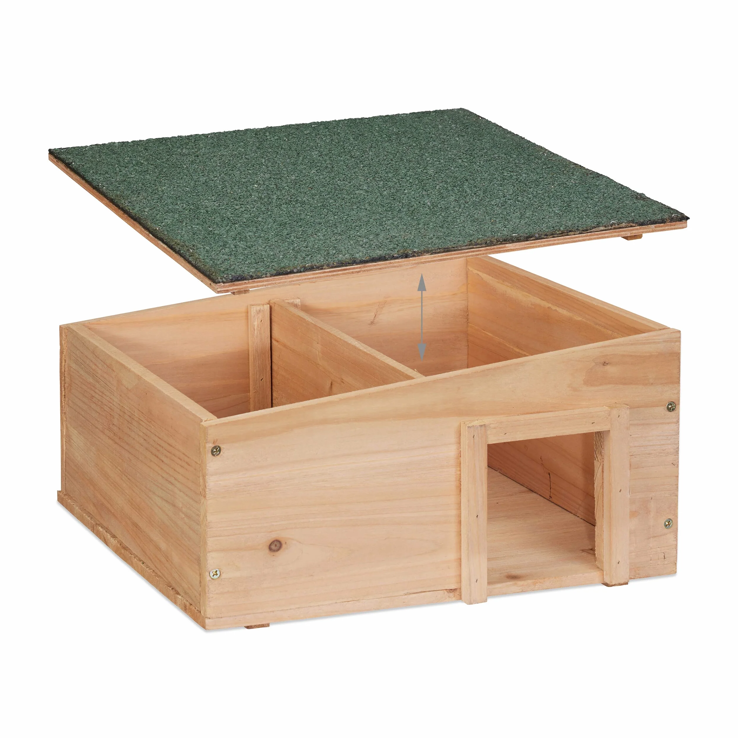 Relaxdays Casetta per Ricci in Legno, Rifugio da Giardino, 2 Scomparti, 21,5x40x40 cm, Tana Contro Predatori, Marrone