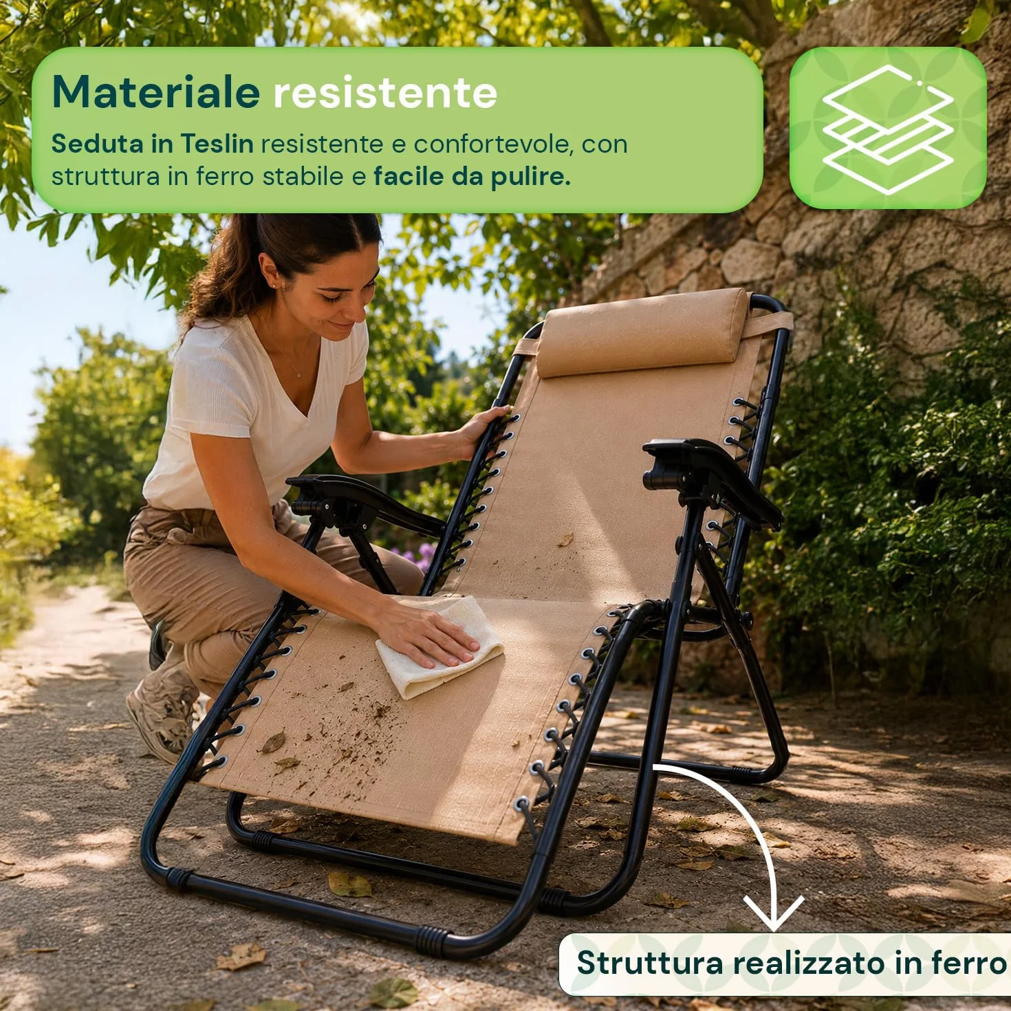 Avilia - Sedia da Giardino Pieghevole con Vassoio Laterale Portabevande – Ferro, Seduta Teslin, 120 kg | Sedia Giardino Pieghevole Reclinabile, L65×P87/176×A108/80 cm, Facile da Pulire