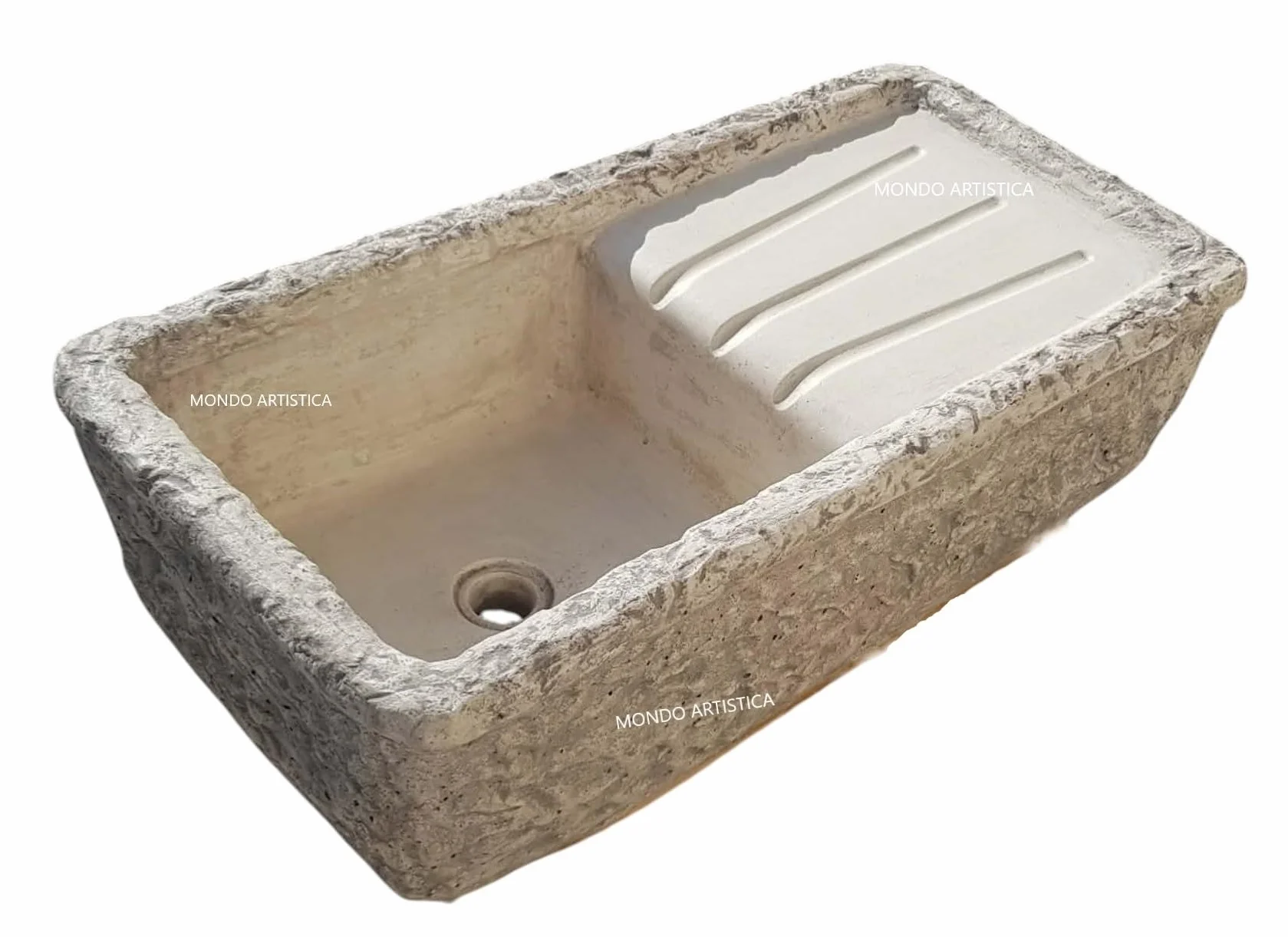 Lavandino Da Esterno, Lavabo Per Giardino, Pilozzo Con Vasca E Gocciolatoio, Fontana Altezza 22 cm, Larghezza 80x40 Cm, In Cemento Bianco E Polvere Di Marmo, Colore Sfumato Grigio, Mondo artistica