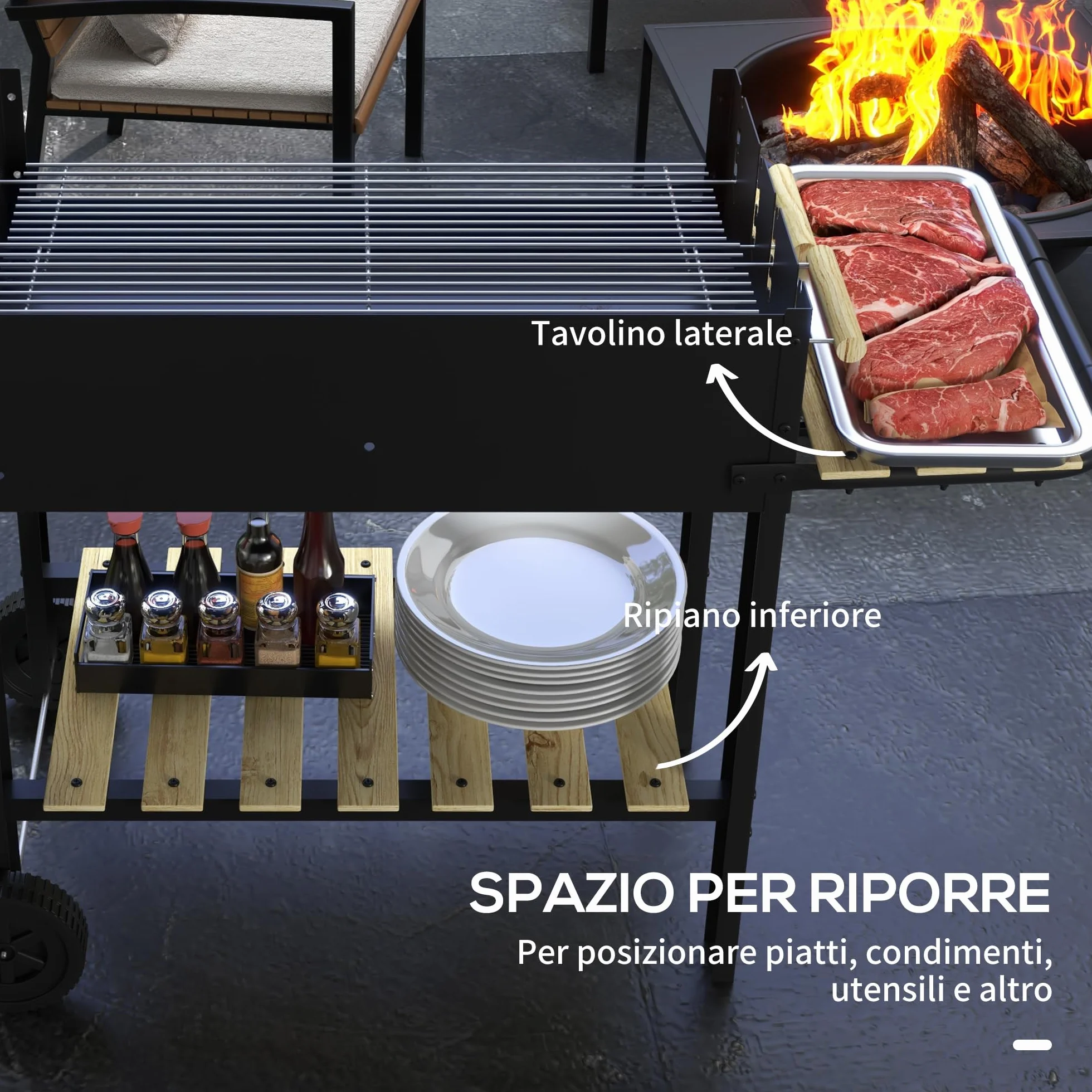 Outsunny Griglia per Barbecue a Carbonella Regolabile 2 Griglie 2 Ripiani Rotelle 113x53.5x82.5 cm Nera