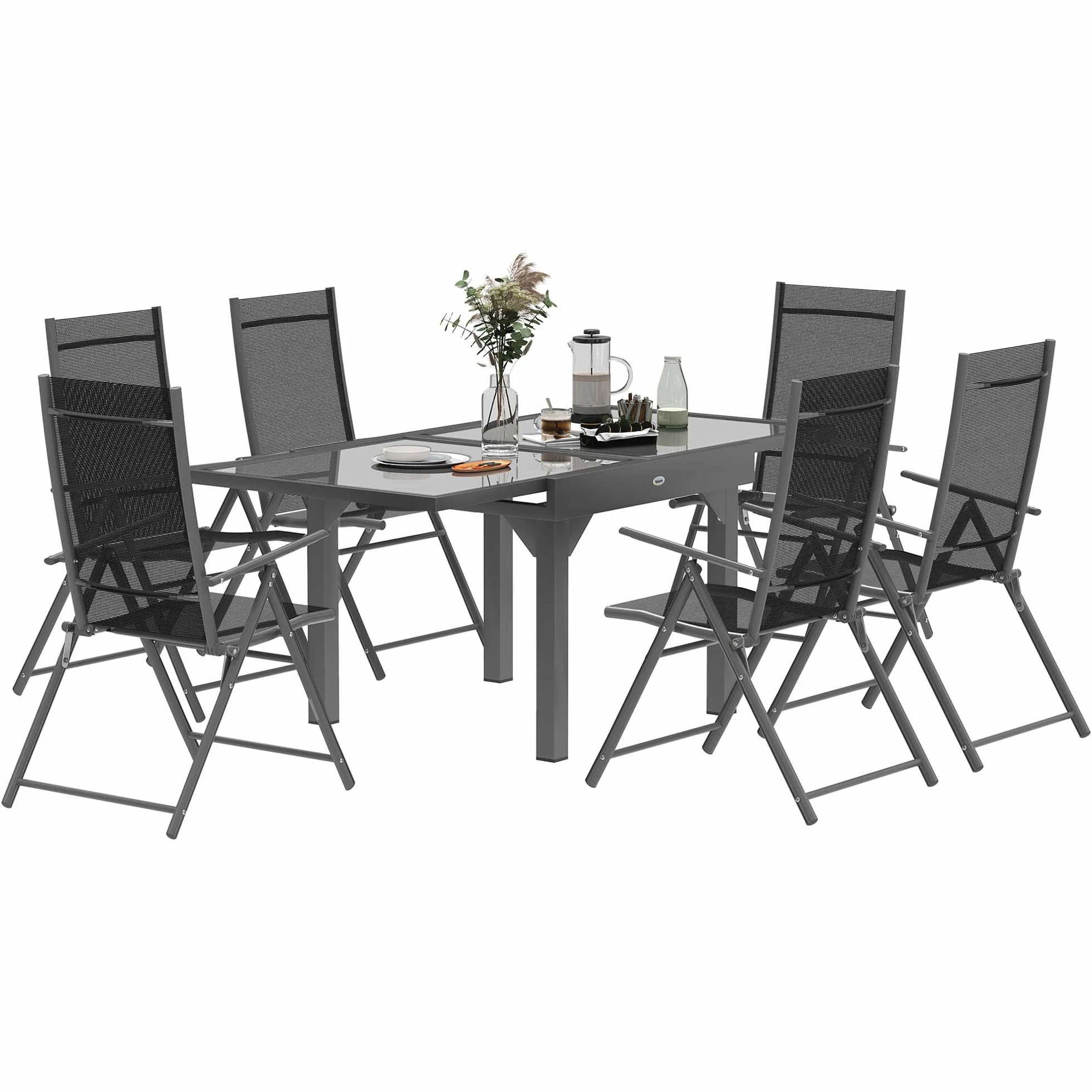Outsunny Set Tavolo e Sedie da Esterno 7 Pezzi, Tavolo Allungabile con Piano in Vetro, 6 Sedie Pieghevoli con Braccioli, Acciaio e Textilene, Grigio