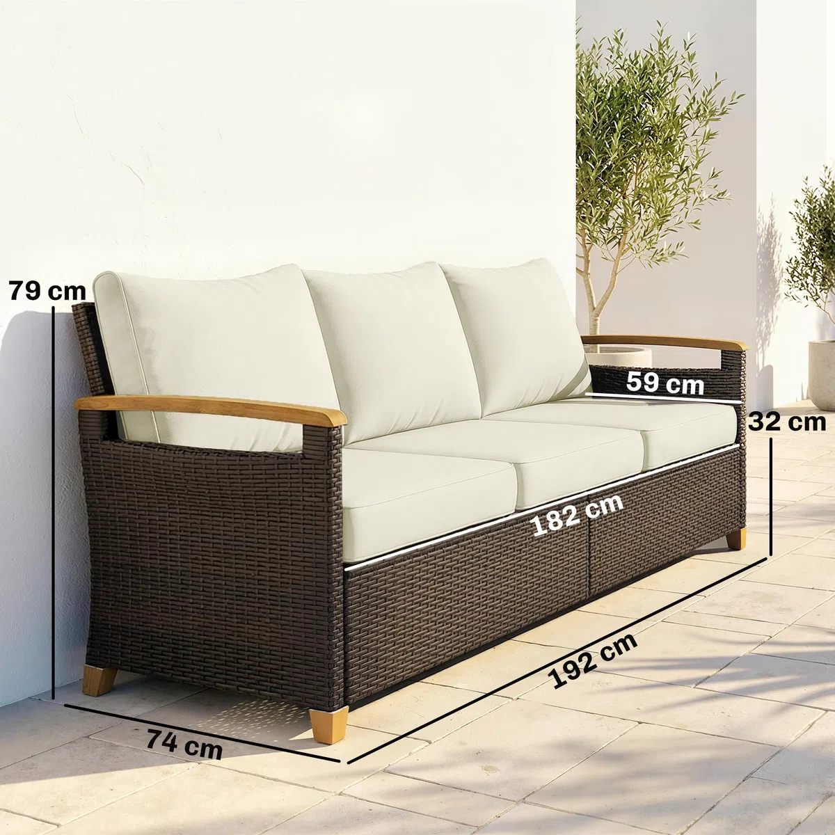 Outsunny Divanetto da Esterno a 3 Posti in Rattan PE, Divano da Giardino con Braccioli Effetto Legno, Cuscini Lavabili, Struttura in Acciaio, per Terrazzo, Patio e Balcone, Veranda, Marrone e Crema