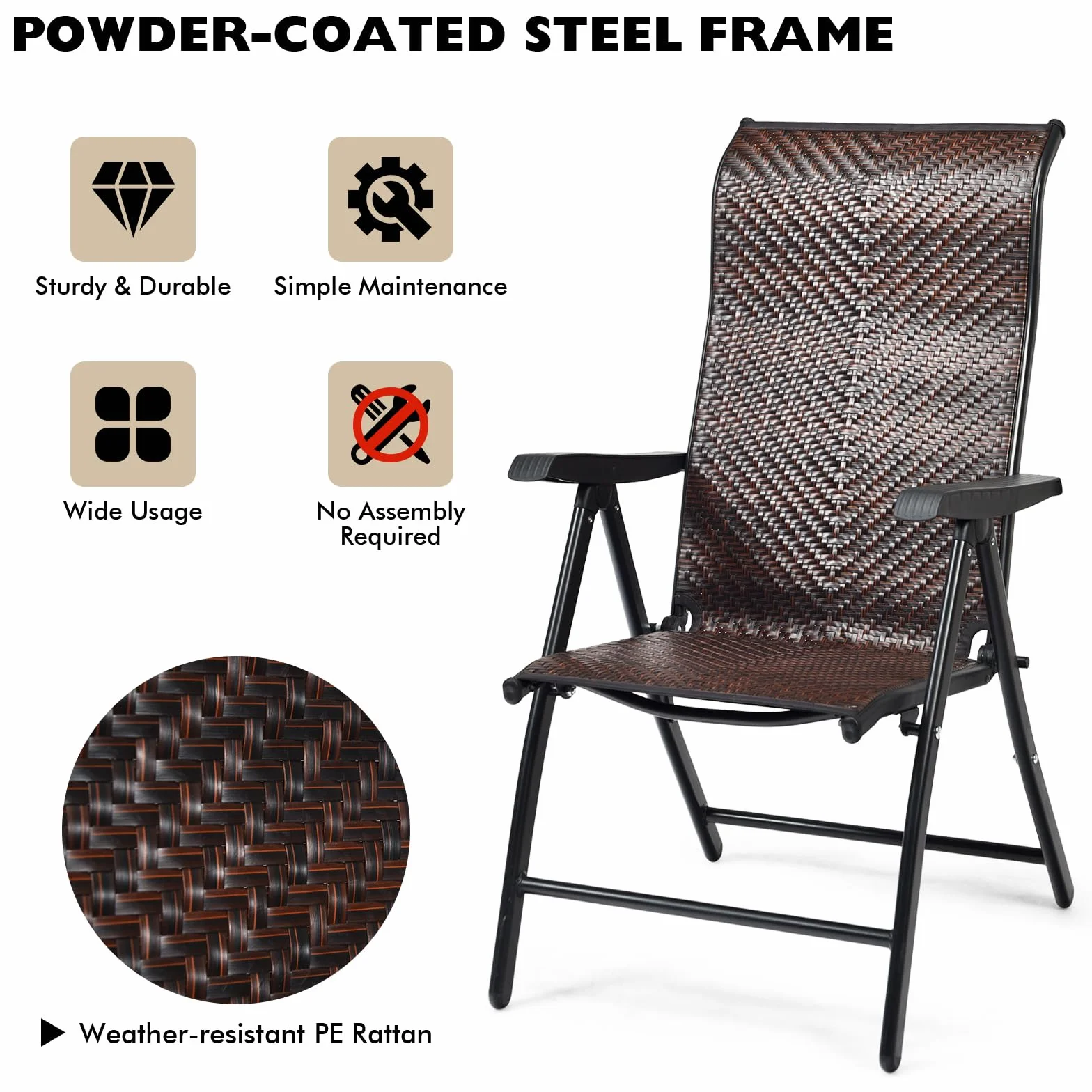 LIFEZEAL Sedia da Giardino in Rattan PE, Sedie Pieghevoli da Interno e Esterno, Poltrona di Vimini con Schienale Reclinabili per Balcone, Sedia a Sdraio con Telaio in Metallo, Portata 120 kg (1)