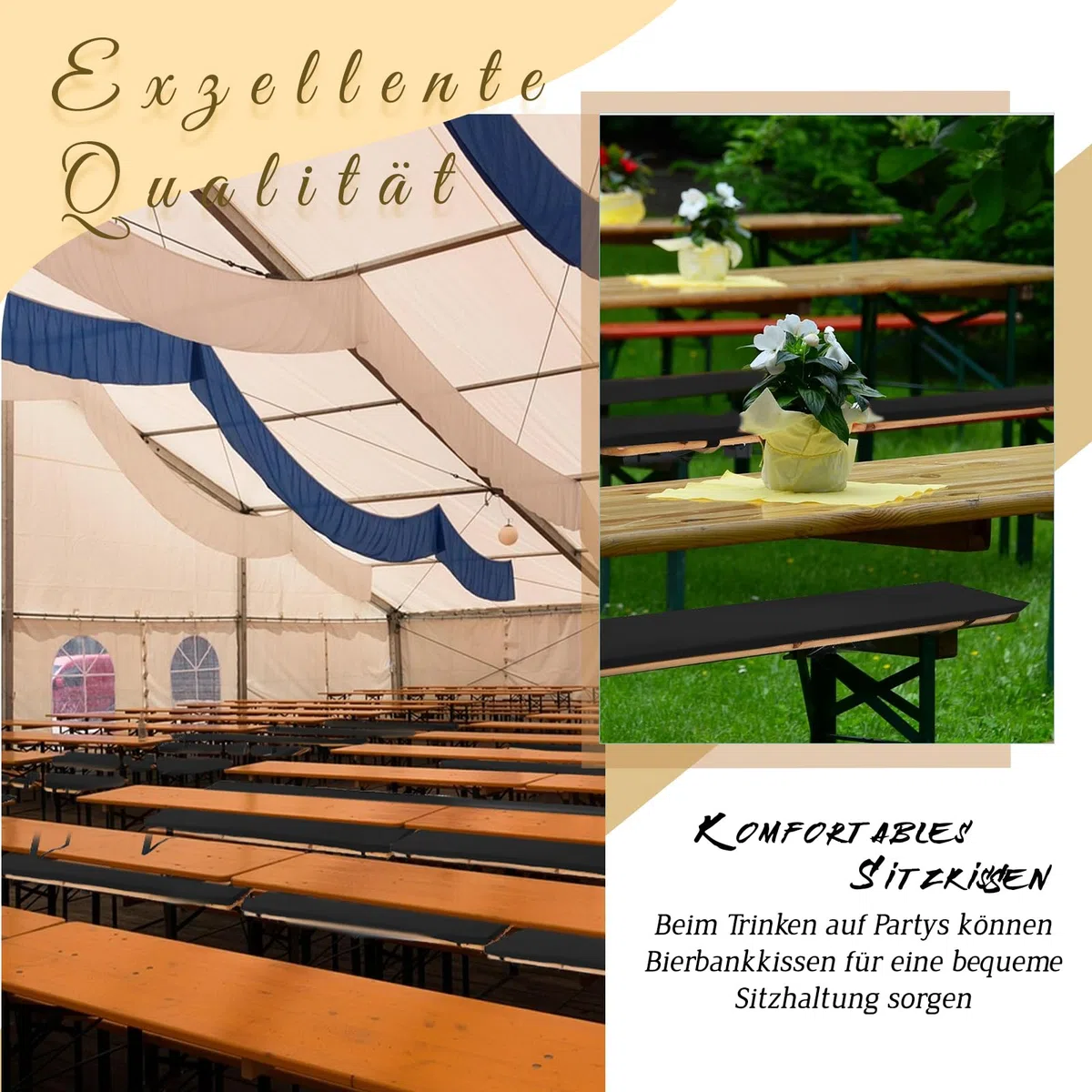 2-Pack di cuscini imbottiti per panca da festa della birra, set di cuscini per panca da festa della birra, cuscino per panca da festa della birra 220x25x3 cm XL, cuscini imbottiti lavabili per