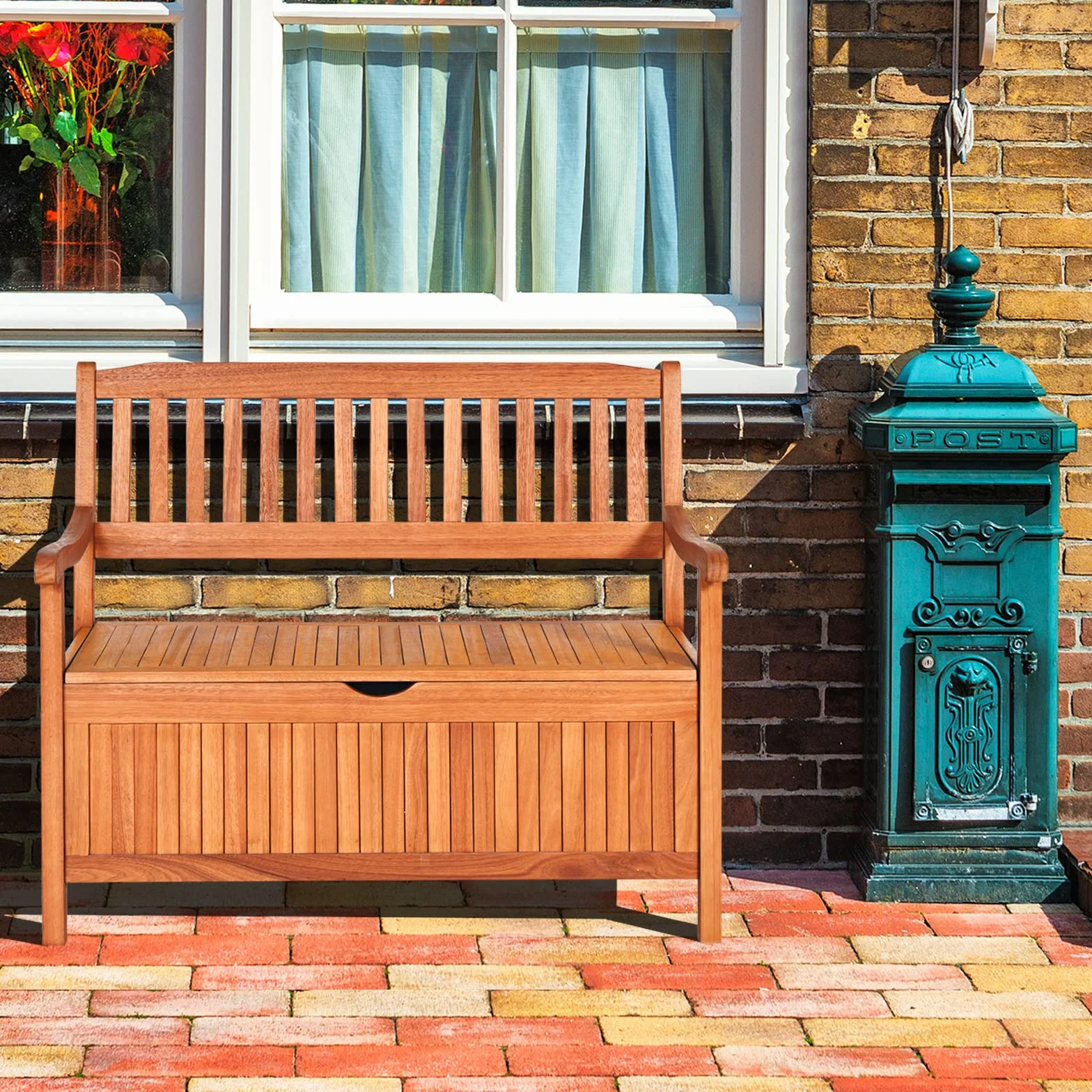 KOMFOTTEU Panca da Giardino, Panca Esterno in Legno di Acacia, con Contenitore, Panchina a 2 Posti con Baule, con Borsa Impermeabile, Deposito Esterno in Legno con Braccioli e Schienali