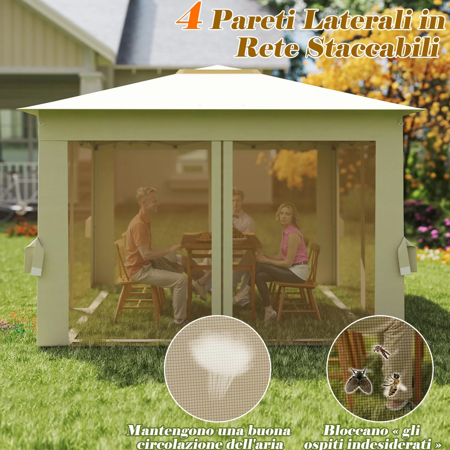 COSTWAY Gazebo Pieghevole 3,4 x 3,4 m con Zanzariera e Tende Laterali Tenda da Giardino Antivento 210D Beige