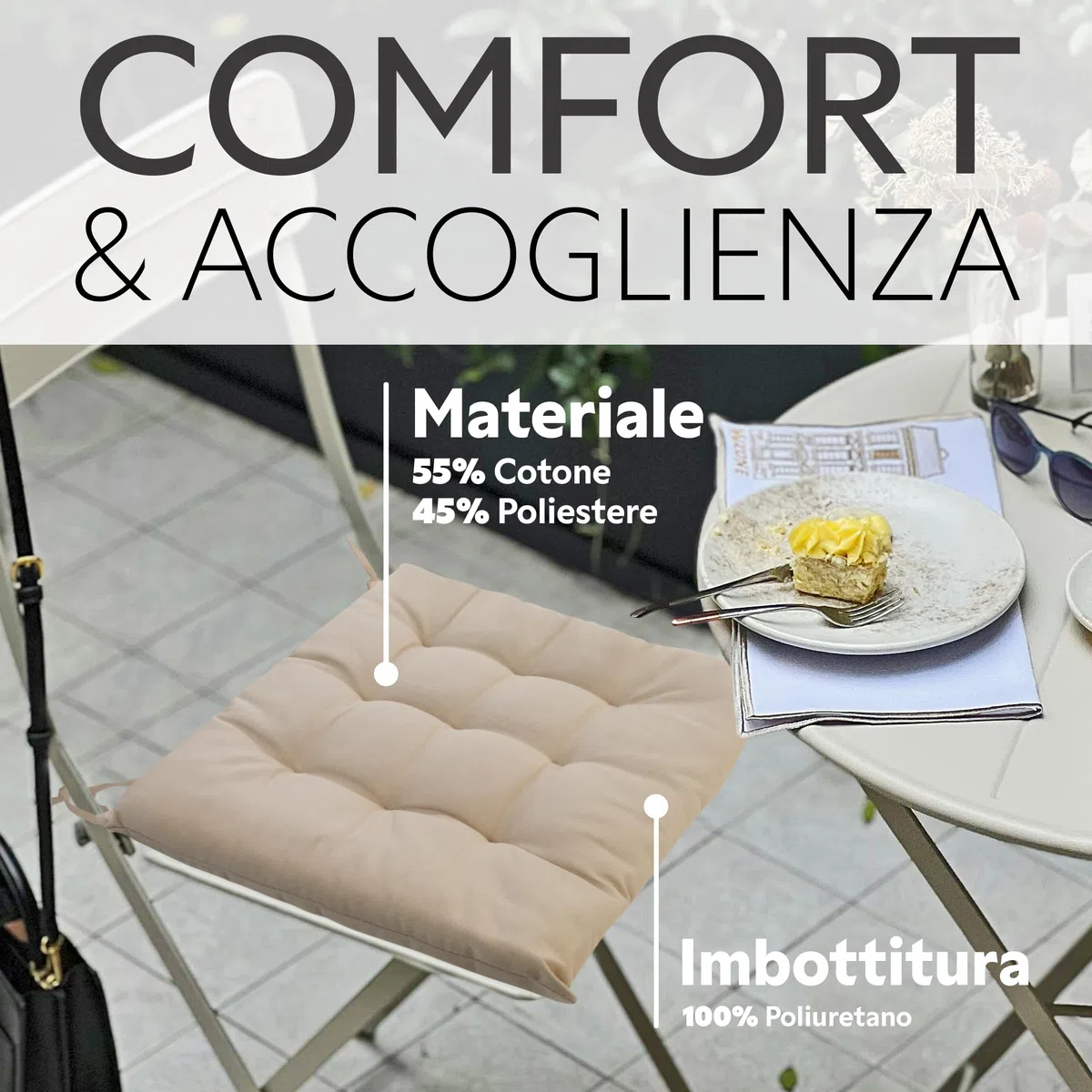 Brandsseller Set di 4 Cuscino per sedia 40x40 cm Imbottito con Cinturini di Fissaggio Bianco