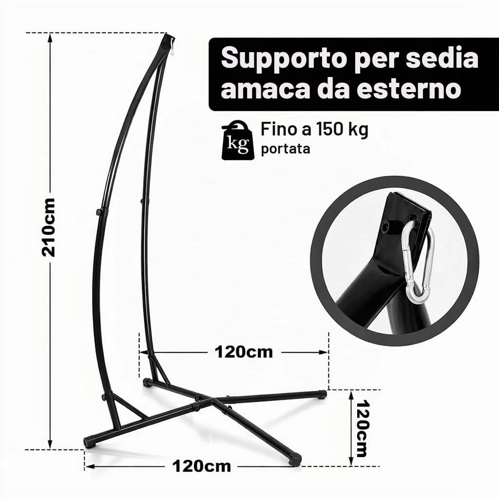Struttura per poltrona sospesa, in metallo, 150 kg, per poltrona sospesa in interni, camera da letto, giardino, 120 x 120 x 210 cm