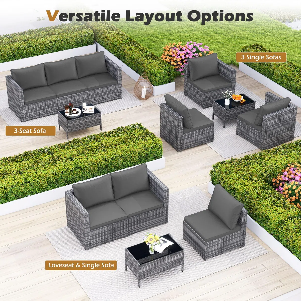 GIANTEX Divano da Giardino a 3 Posti in Rattan con Cuscino Imbottito, Mobili per Terrazza e Balcone, Colore Beige/Grigio, 193 x 67 x 61,5 cm (Grigio)