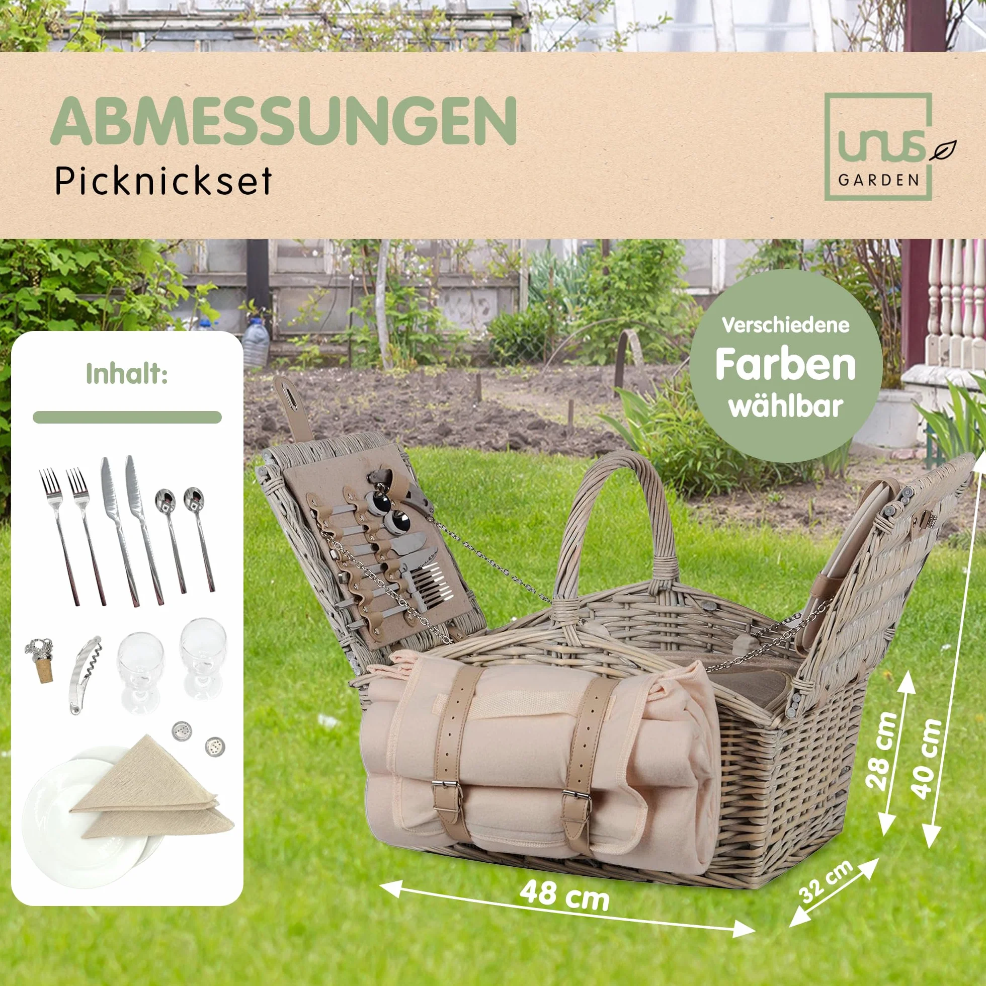 Set da picnic per 2 persone con cestino termico, coperta 135x115 cm, posate e stoviglie, grigio e beige