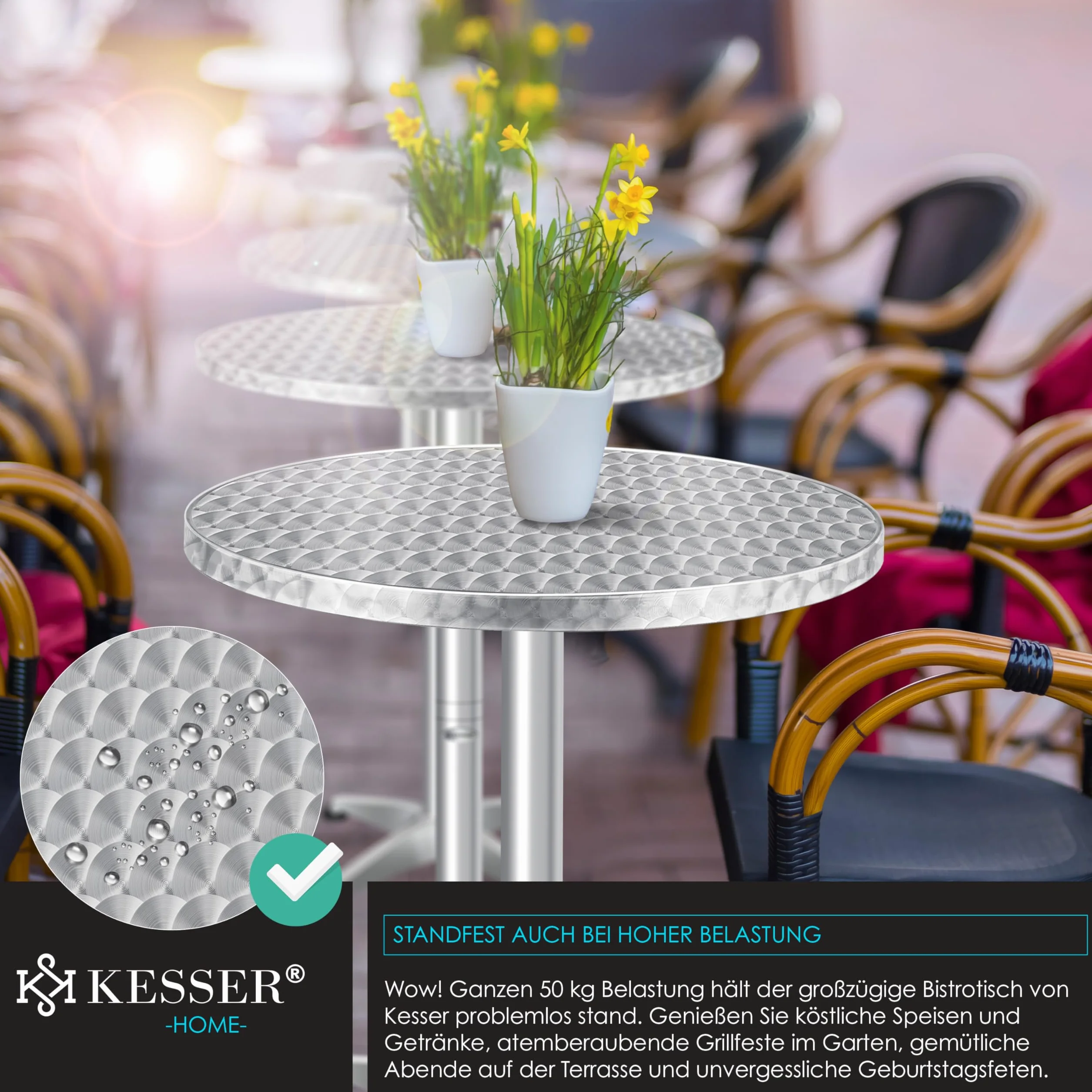 KESSER Tavolo da bistrot pieghevole 2 in 1, set da 2 pezzi, piastra in alluminio in acciaio inox, altezza 70 cm/115 cm, diametro 60 cm, tavolo da ricevimento per interni ed esterni, tavolo pieghevole