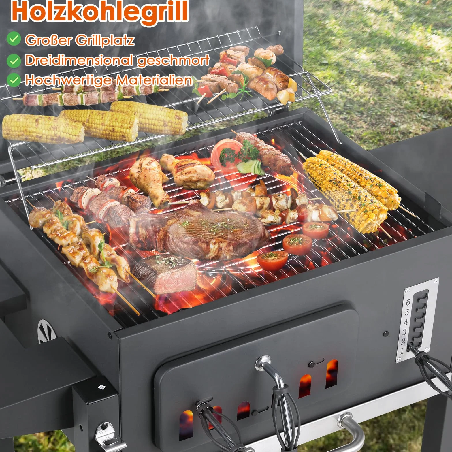 TLSUNNY Barbecue Carbonella XXL con Coperchio e Termometro, Ripiani Pieghevoli, Griglia BBQ Carbonella Grigio