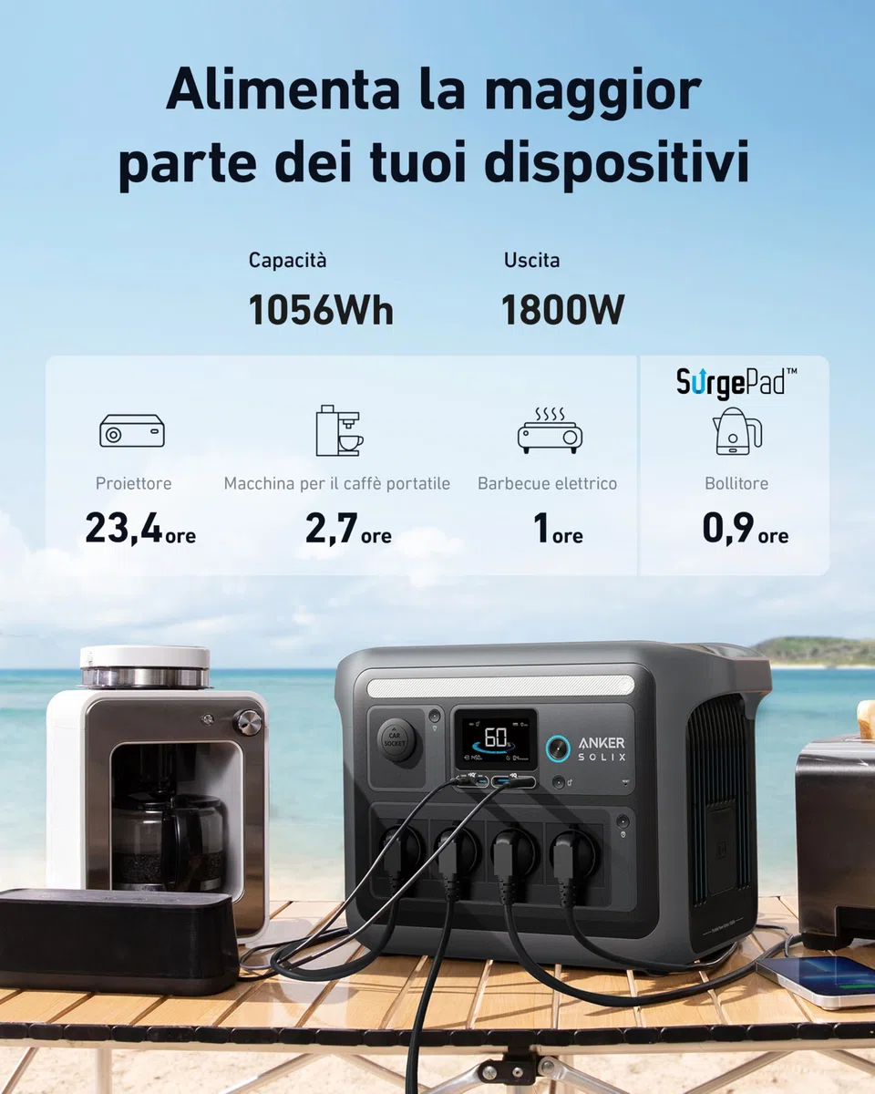Anker SOLIX C1000 Centrale elettrica portatile, generatore solare 1800W, carica completa in 58 minuti con ricarica ultraveloce, LiFePO4, per campeggio e backup domestico (pannello solare opzionale)