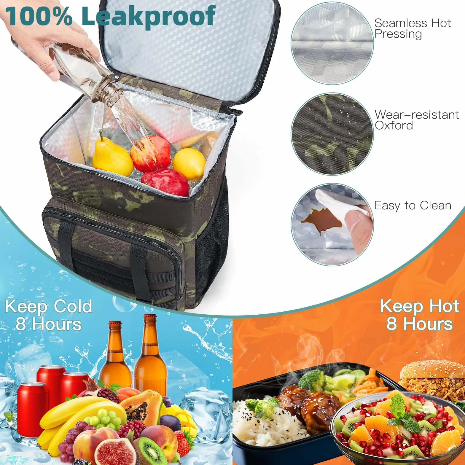 Borsa termica zaino 30L borsa frigo grande regolabile isolata picnic campeggio spiaggia Nero mimetico