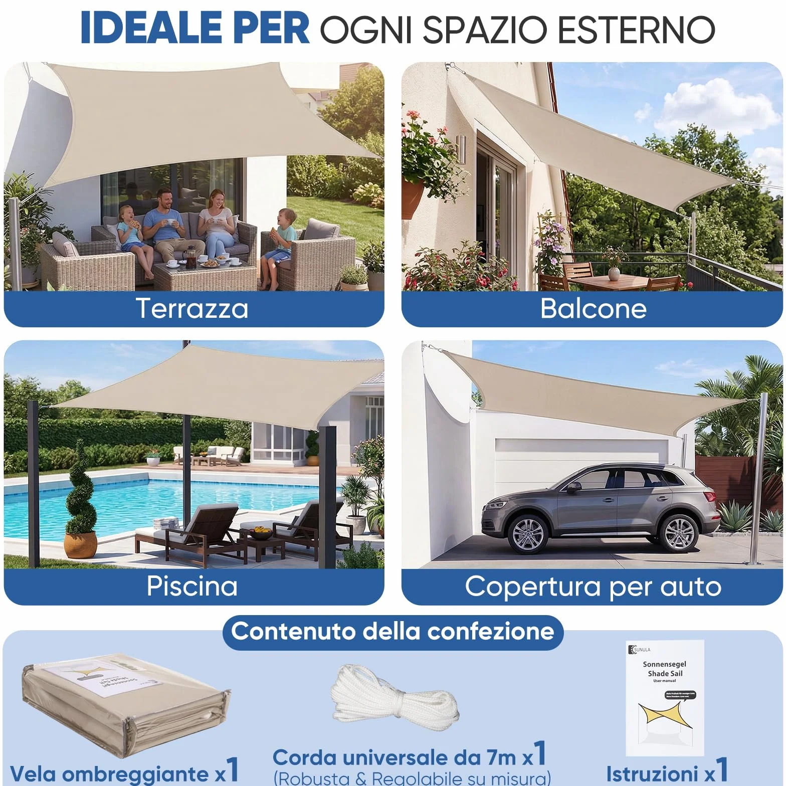 Sunula Vela Ombreggiante Impermeabile 2x3m PES 160g/m² Effetto Lotus Protezione UV 95% Taupe