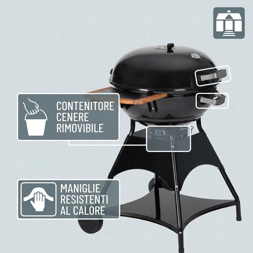 Tarrington House Barbecue a Carbone Burnaby Ø 53 cm, Acciaio, con Tavolino Laterale Pieghevole, 2 Ruote, Nero