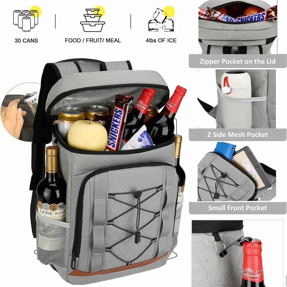 Zaino isotermico da 30 litri, grande borsa per uomo e donna, ideale per picnic, barbecue, campeggio, escursioni, shopping (nero)