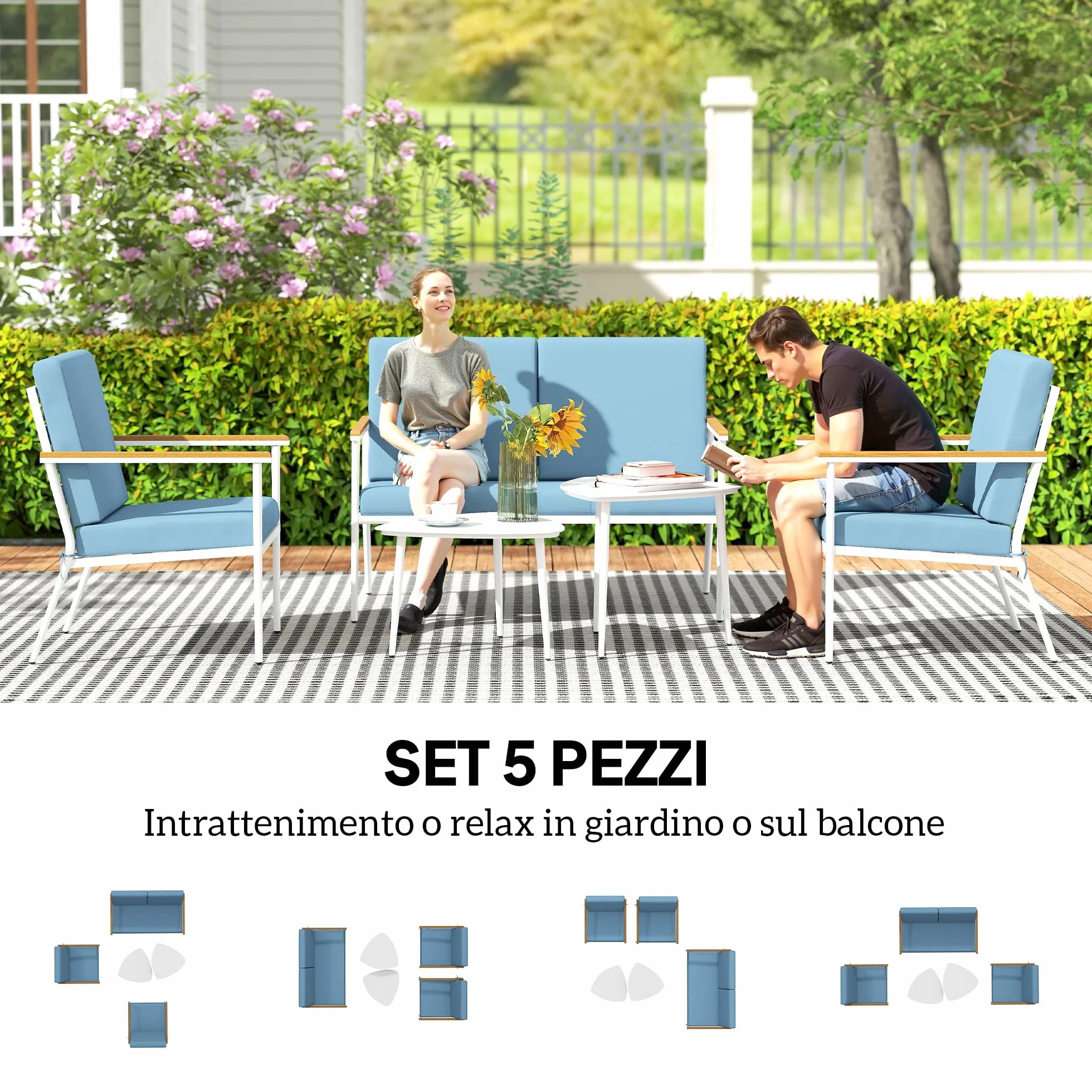 Outsunny Set Salotto da Giardino 5 Pezzi con Divanetto 2 Posti, Poltrone e Tavolino in Vetro, Azzurro