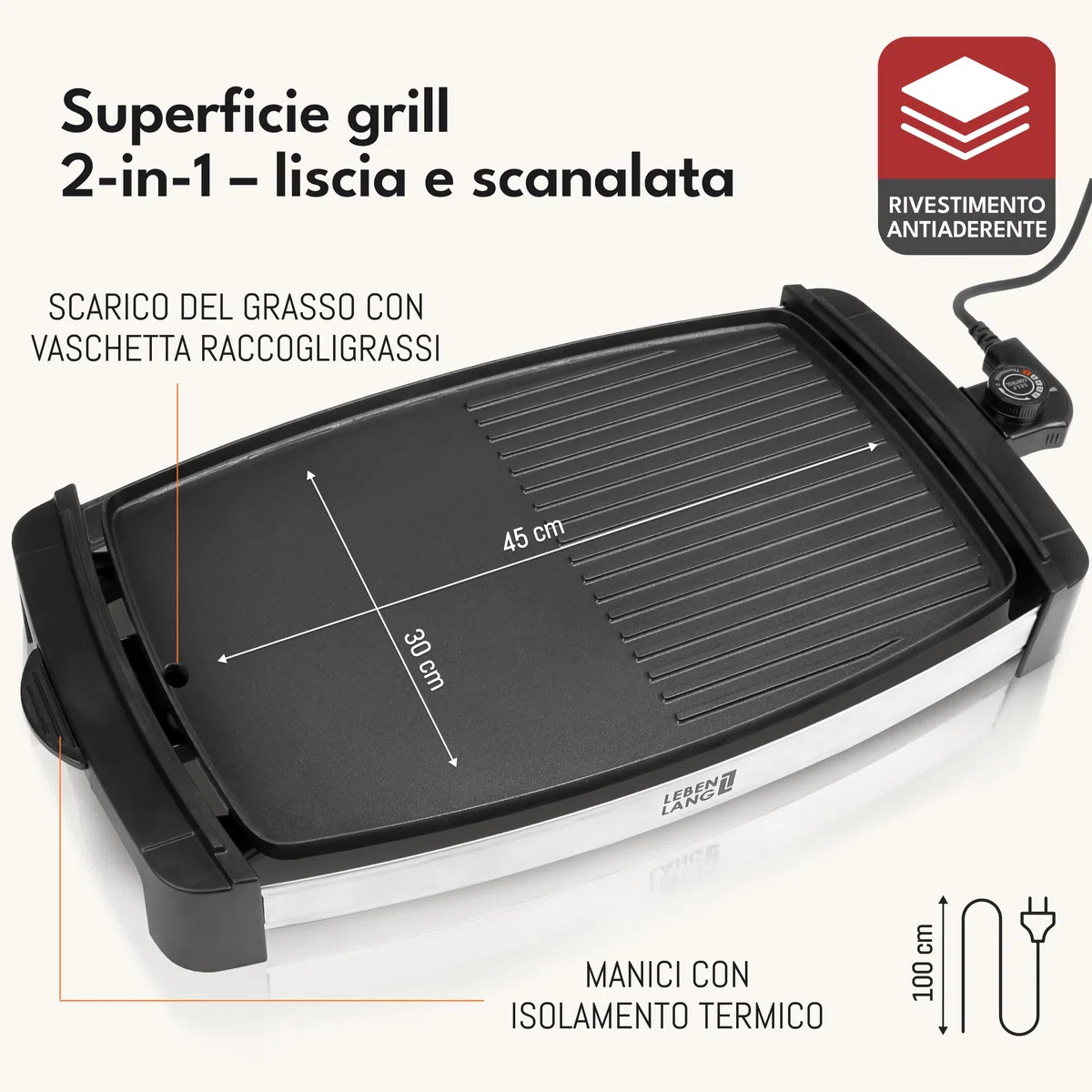 LEBENLANG Griglia Elettrica XXL 2000W - Incl. Pinze Per Barbecue I 45x30cm I Per Uso Interno & Esterno I Bistecchiera Barbecue Grande Grill Elettrico Piastra Per Grigliare Senza Fumo BBQ Da Balcone