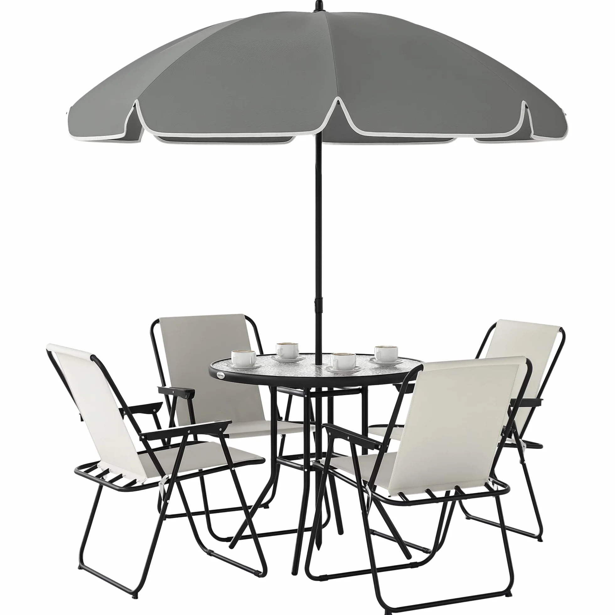 Outsunny Set Tavolo e Sedie da Giardino 6 Pezzi Acciaio Ombrellone, Mobili 4 Sedie Pieghevoli Textilene Tavolo Rotondo Vetro, Esterno Patio Terrazzo Crema