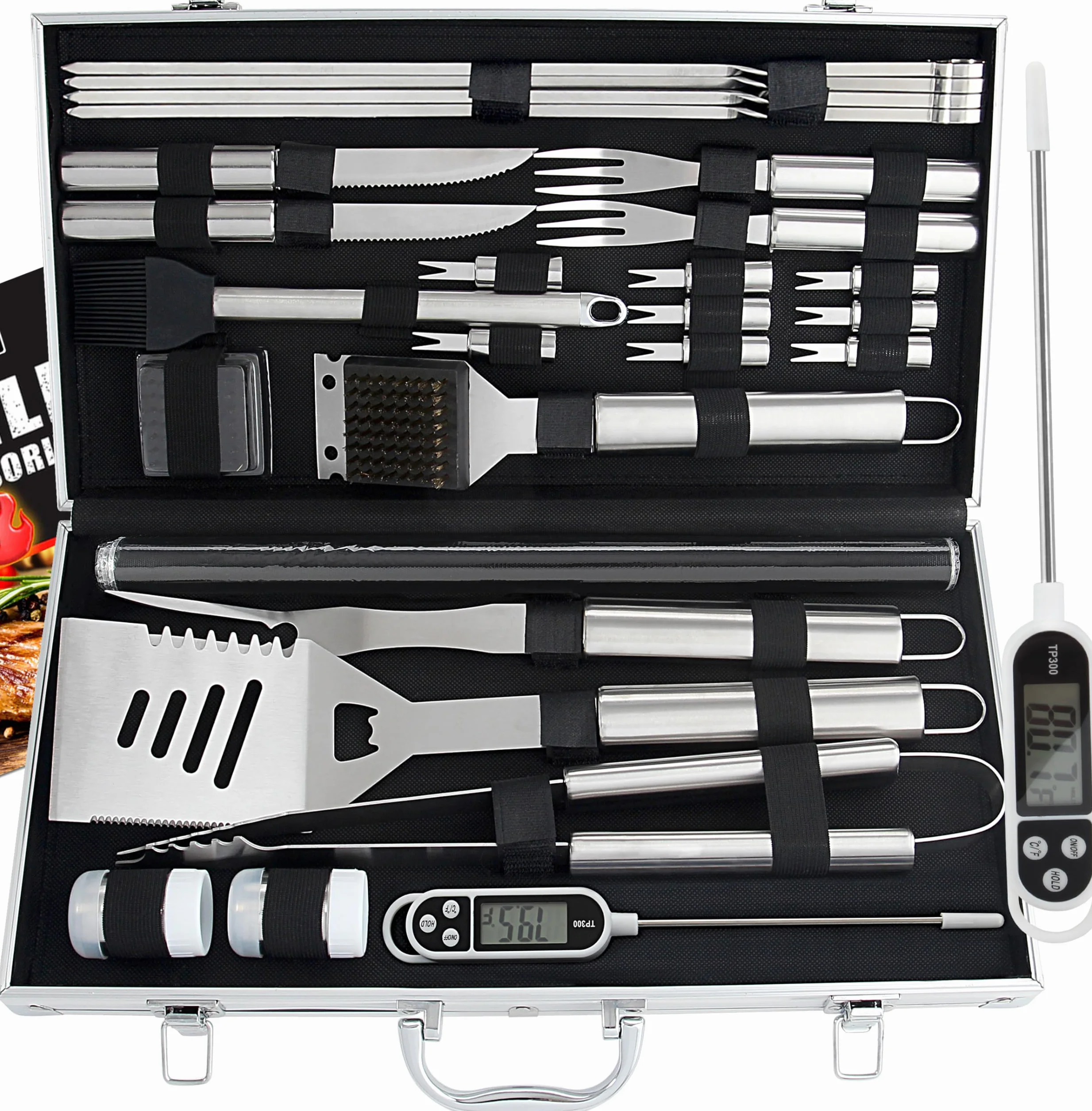 Romanticist 28Pcs Kit di Accessori per Barbecue Set - Utensili per Barbecue in Acciaio Inox in Custodia di Alluminio per Barbecue Uomini Donne Papà di Compleanno di Matrimonio