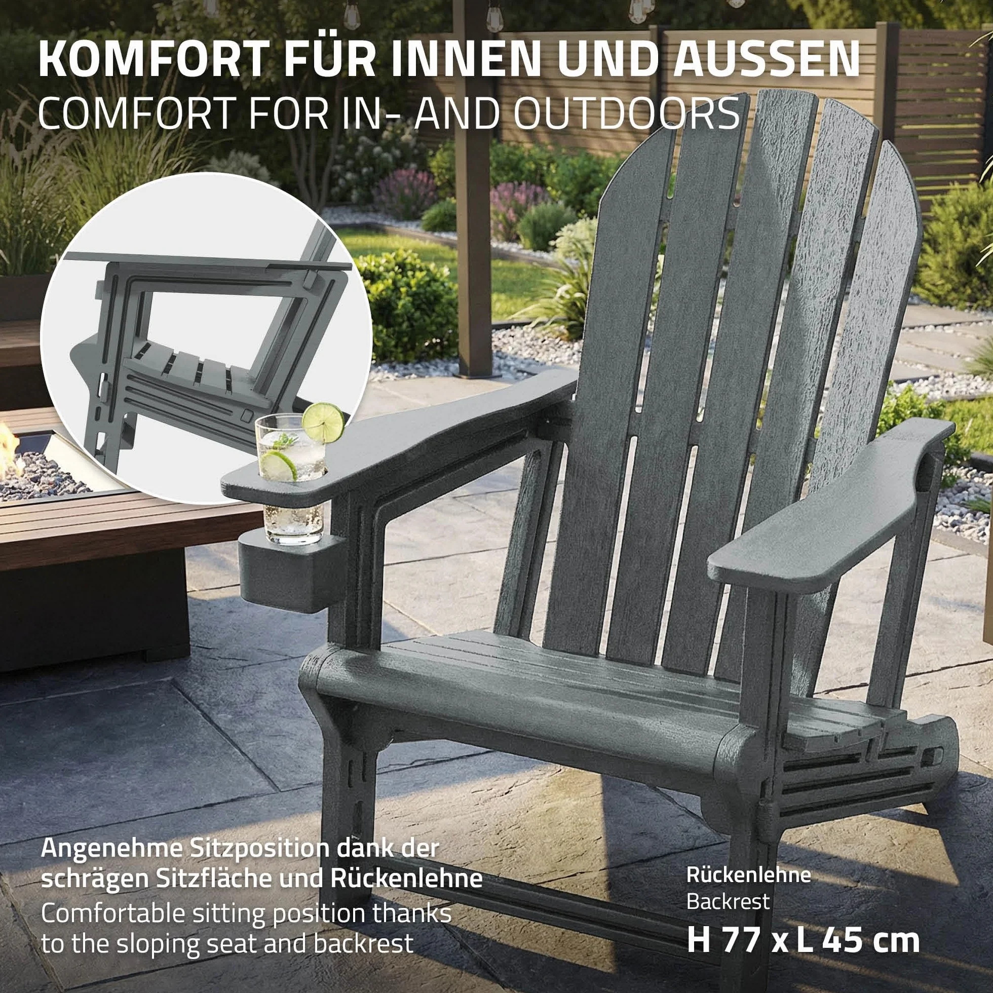 ML-Design Sedia Adirondack da Giardino con Portabicchieri, Grigia, Poltrona da Esterno in Plastica Effetto Legno, Sedia Lounge con Sistema a Incastro, Resistente alle Intemperie, per Patio e Giardino