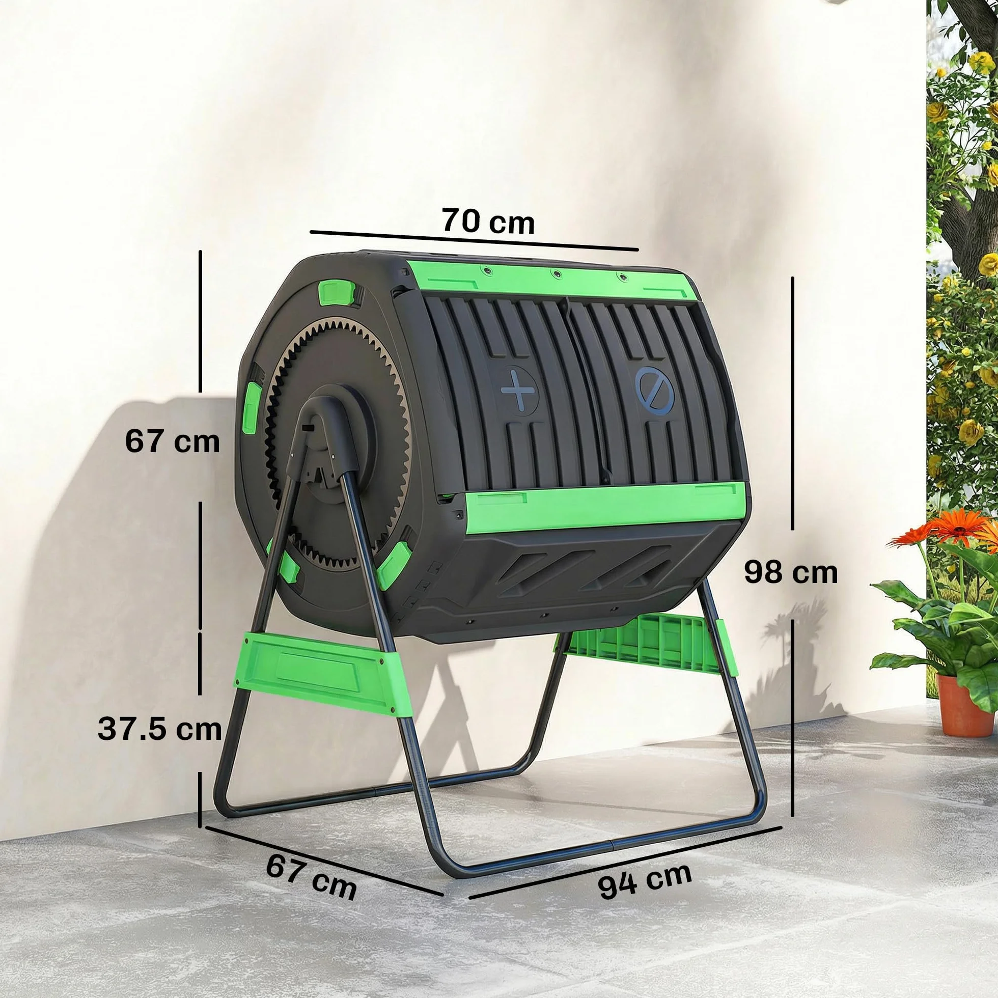 Outsunny Compostiera da Giardino Rotante 200L a Doppia Camera, Girevole 360°, Prese d'Aria, PP Senza BPA