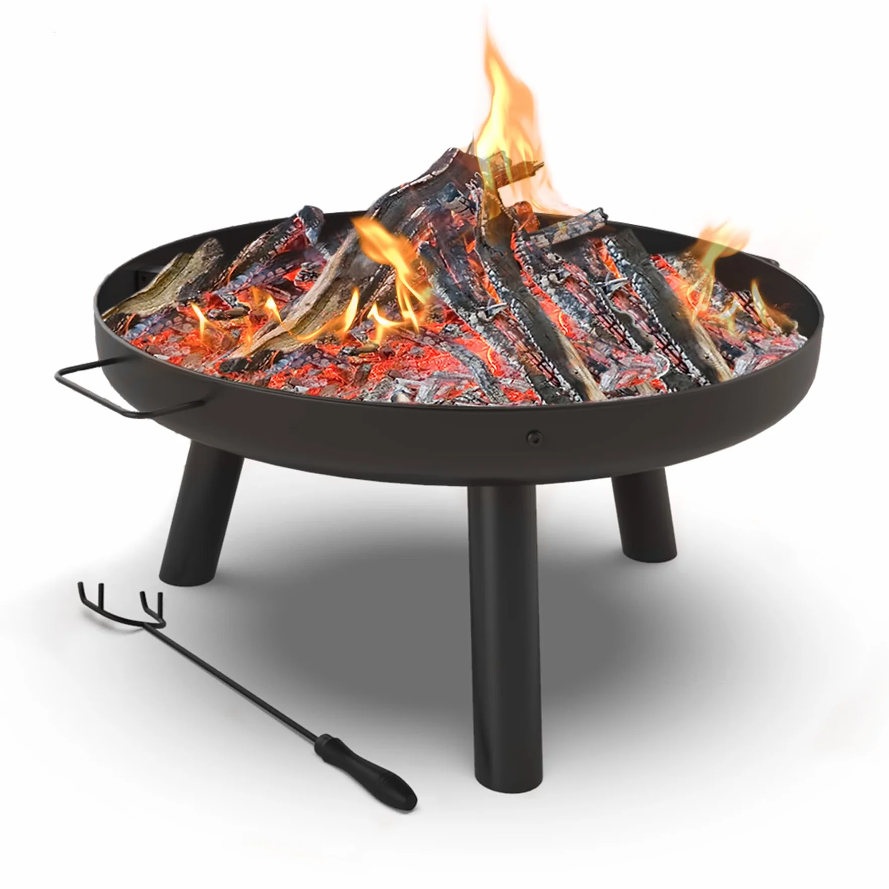 VOUNOT Braciere da Giardino Ø60 cm Metallo con Griglia e Attizzatoio, Rotondo a Legna, Nero