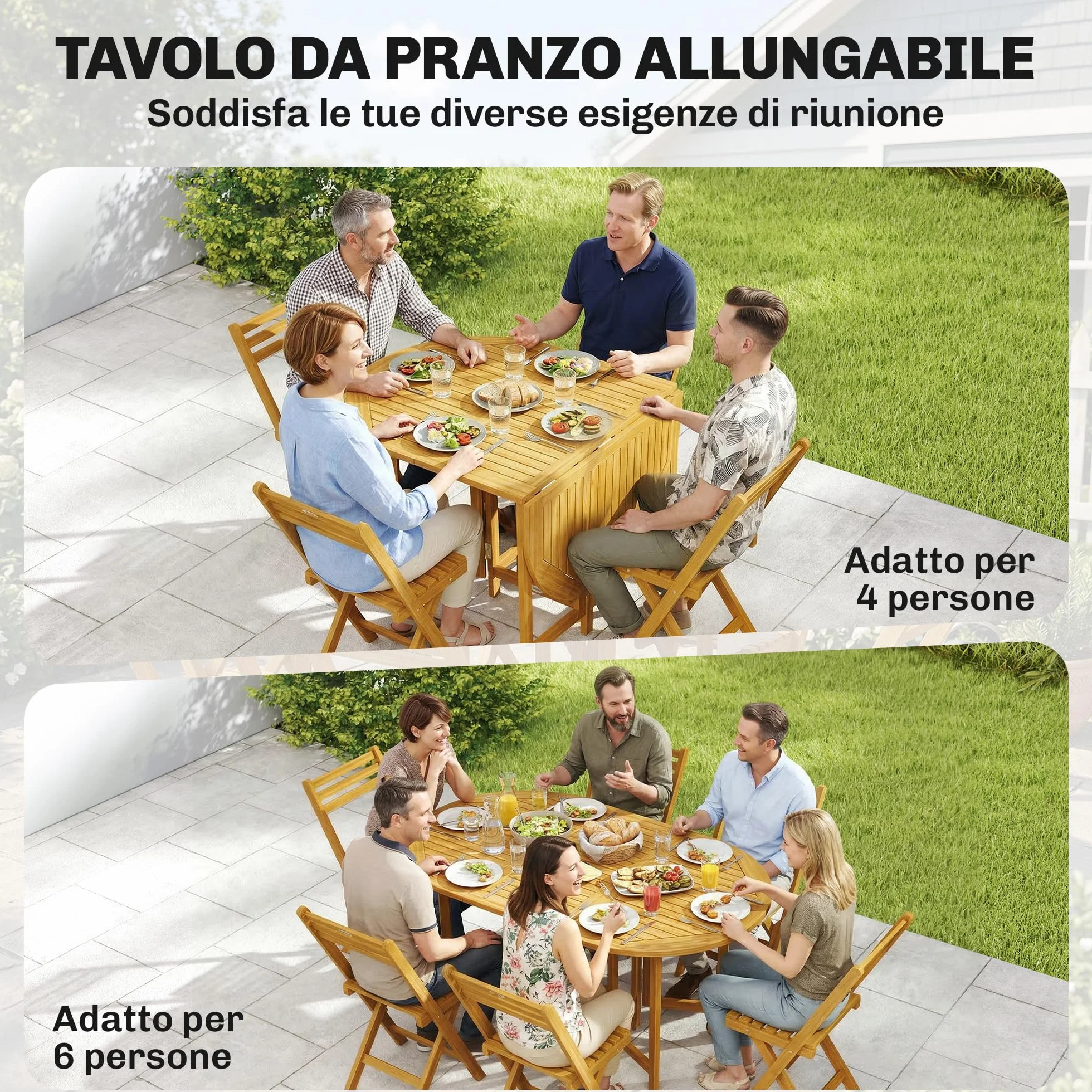 Outsunny Set Tavolo e Sedie da Giardino 7 Pezzi in Legno Acacia Pieghevole con Foro Ombrellone Ruote