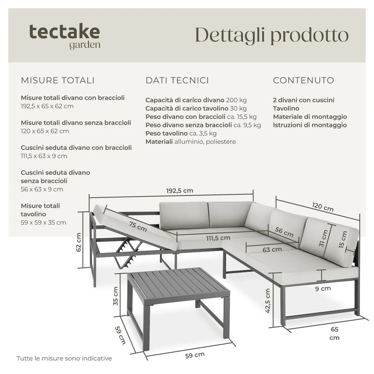tectake® Set da Giardino, 2 Divani con Morbidi Cuscini, 1 Tavolino Salotto, Salotto da Giardino Esterno, Arredo Giardino per Esterno, Set Giardino Esterno Design Moderno - Grigio